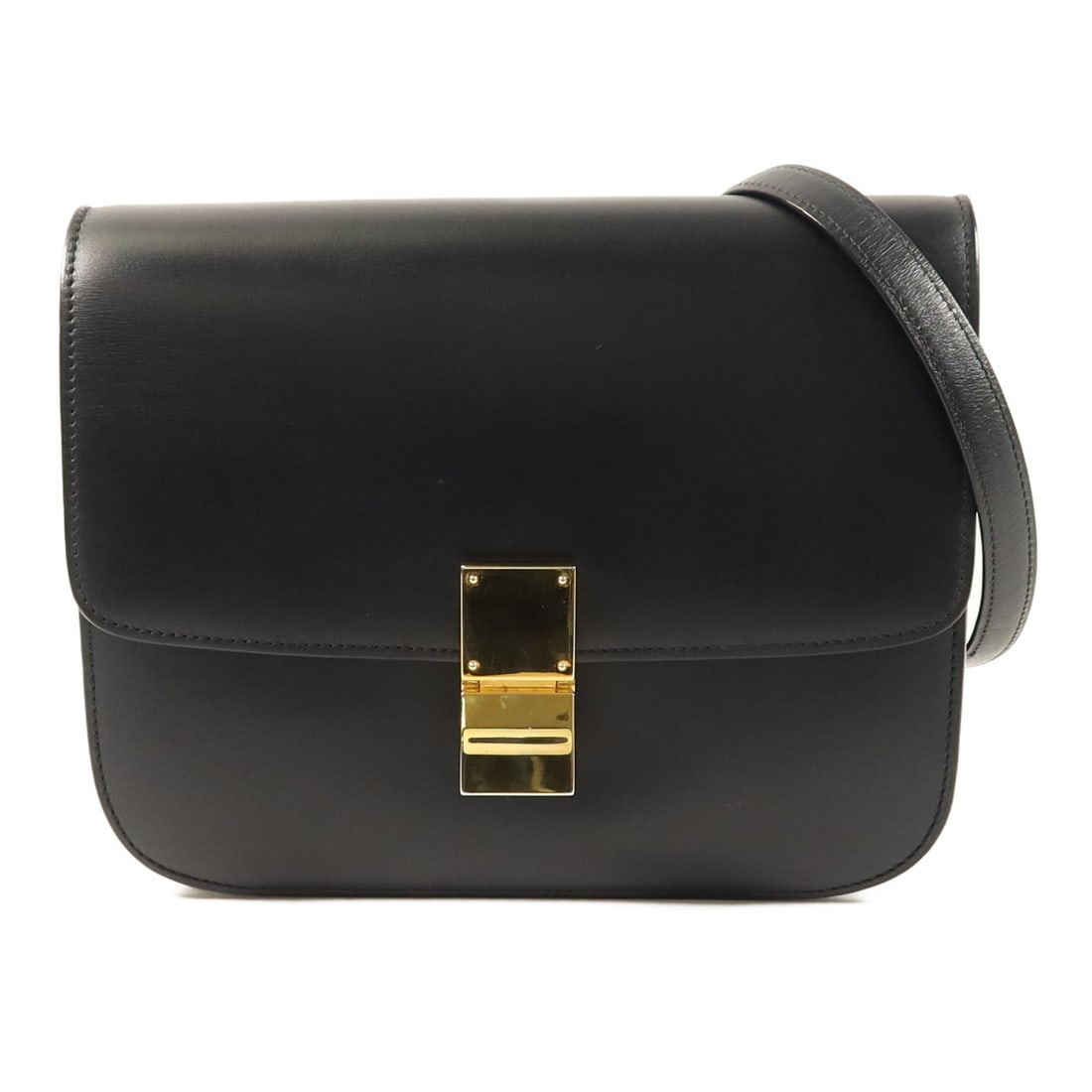 CELINE Classic Medium Shoulder Bag Black Calfskin Gold Tone Hardware: CELINE Classic Medium Shoulder Bag Black Calfskin Gold Tone Hardware A CELINE Classic medium shoulder bag crafted from calfskin leather in black with dark blue accents. It features a flap closure, a b