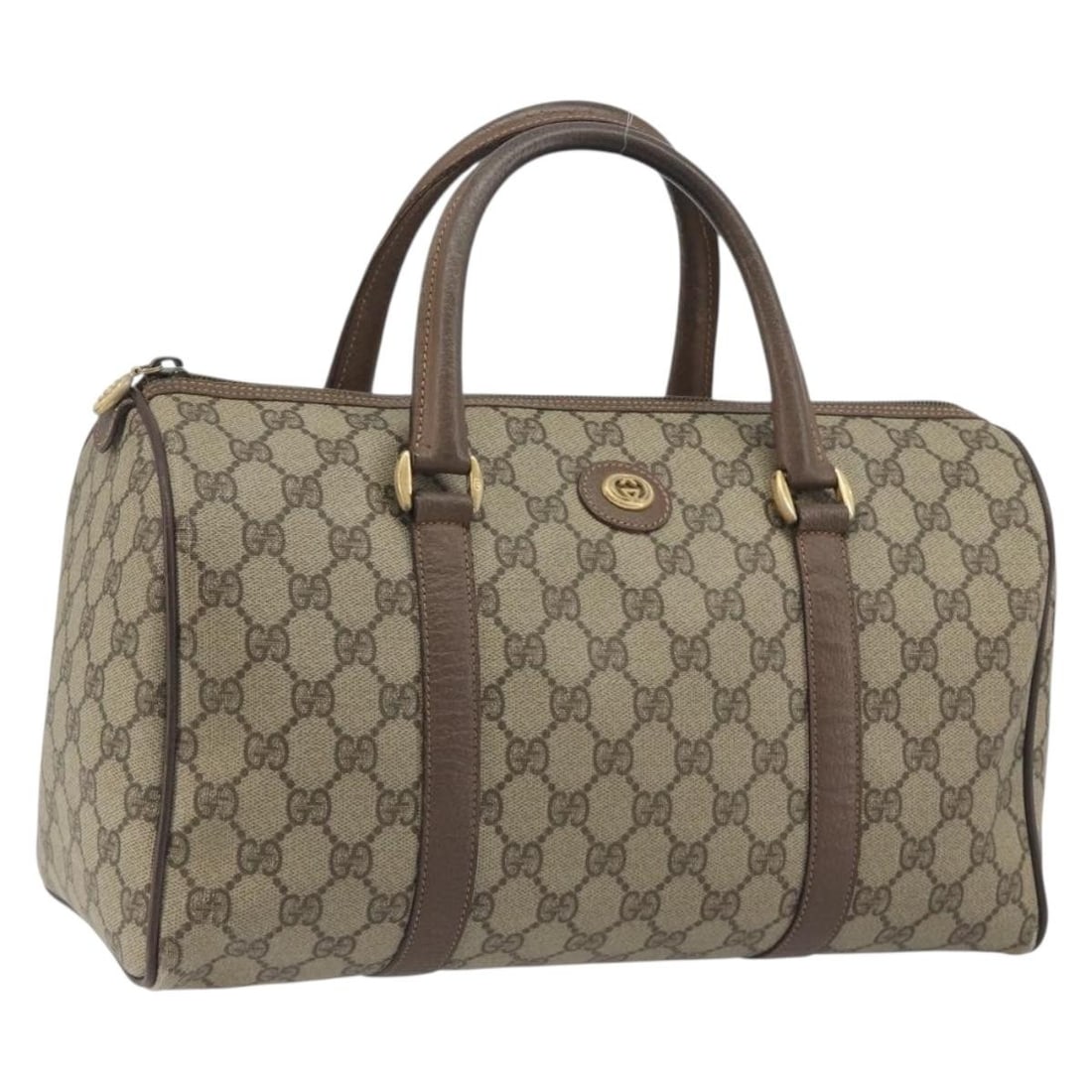 Gucci 002 123 6842 GG Supreme PVC Leather Hand Bag Beige: Gucci 002 123 6842 GG Supreme PVC Leather Hand Bag Beige Gucci GG Supreme handbag in beige PVC leather with gold-tone accents. Made in Italy, this women's handbag shows heavy use with visible wear thr