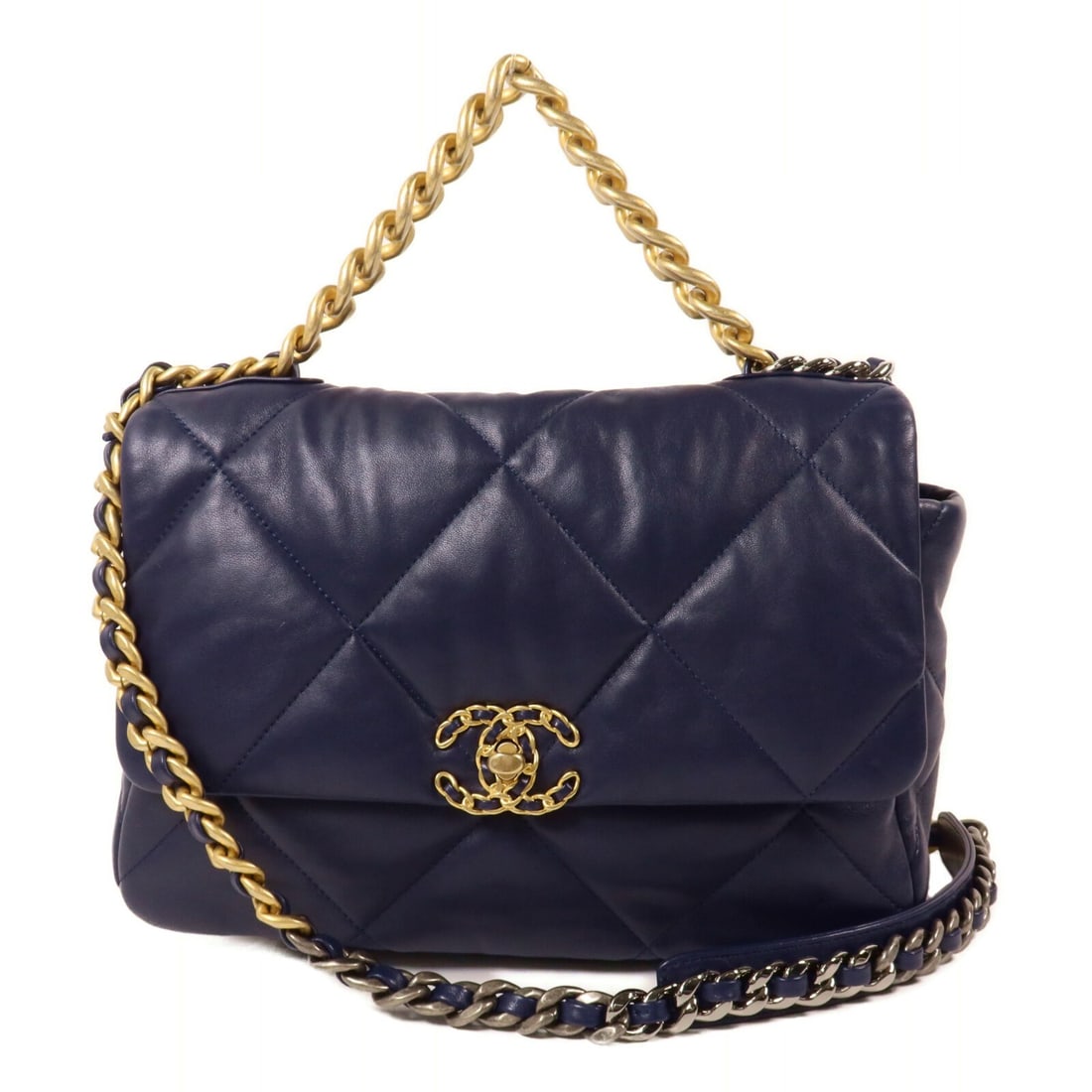 CHANEL AS1161 C19 Large 2way Shoulder Bag Navy Lambskin: CHANEL AS1161 C19 Large 2way Shoulder Bag Navy Lambskin Large Chanel CC C19 chain shoulder bag in navy lambskin leather with a 2-way shoulder design. This women's bag features a turn-lock closure, one