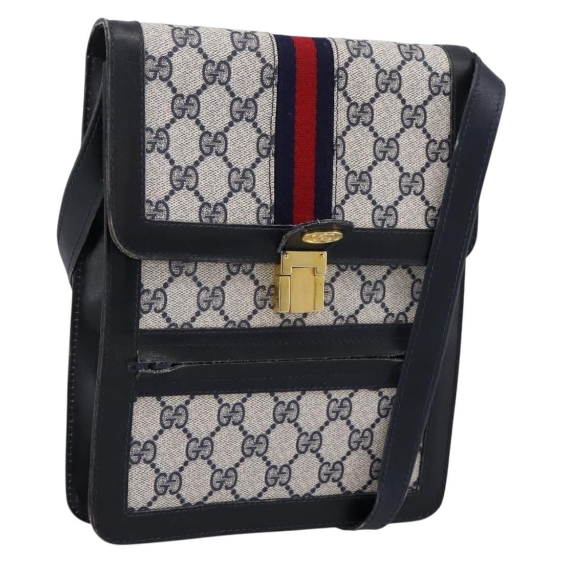 Gucci Sherry Line GG Supreme PVC Leather Shoulder Bag Navy Gold: Gucci Sherry Line GG Supreme PVC Leather Shoulder Bag Navy Gold Gucci GG Supreme Sherry Line shoulder bag in navy and gold PVC leather with GG canvas. Made in Italy for women, this shoulder bag includ