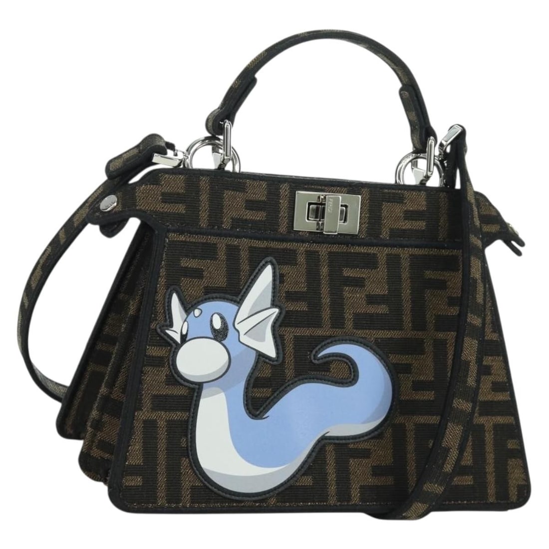 FENDI Peekaboo 2way Shoulder Bag Zucca Canvas Dratini Blue Brown: FENDI Peekaboo 2way Shoulder Bag Zucca Canvas Dratini Blue Brown FENDI x FRGMT x POKEMON Zucca Peek A Boo Dratini Bag in brown and light blue Zucca canvas. This 2-way shoulder bag is made in Italy and