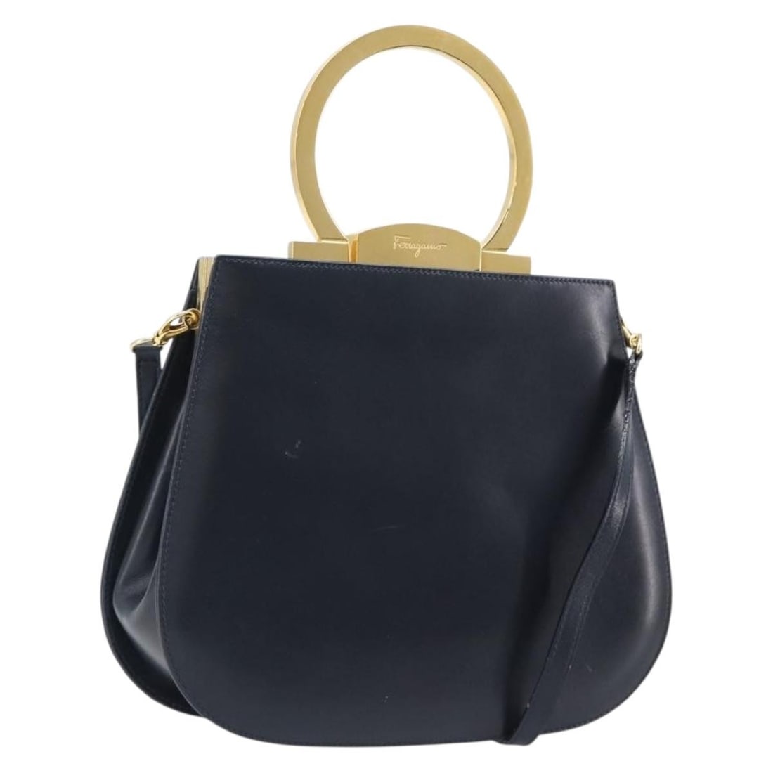 Salvatore Ferragamo Gancini 2way Leather Handbag Navy Gold Tone Strap: Salvatore Ferragamo Gancini 2way Leather Handbag Navy Gold Tone Strap Salvatore Ferragamo Gancini 2-way handbag in navy leather with gold-tone accents. Made in Italy, this women's bag includes a shoul