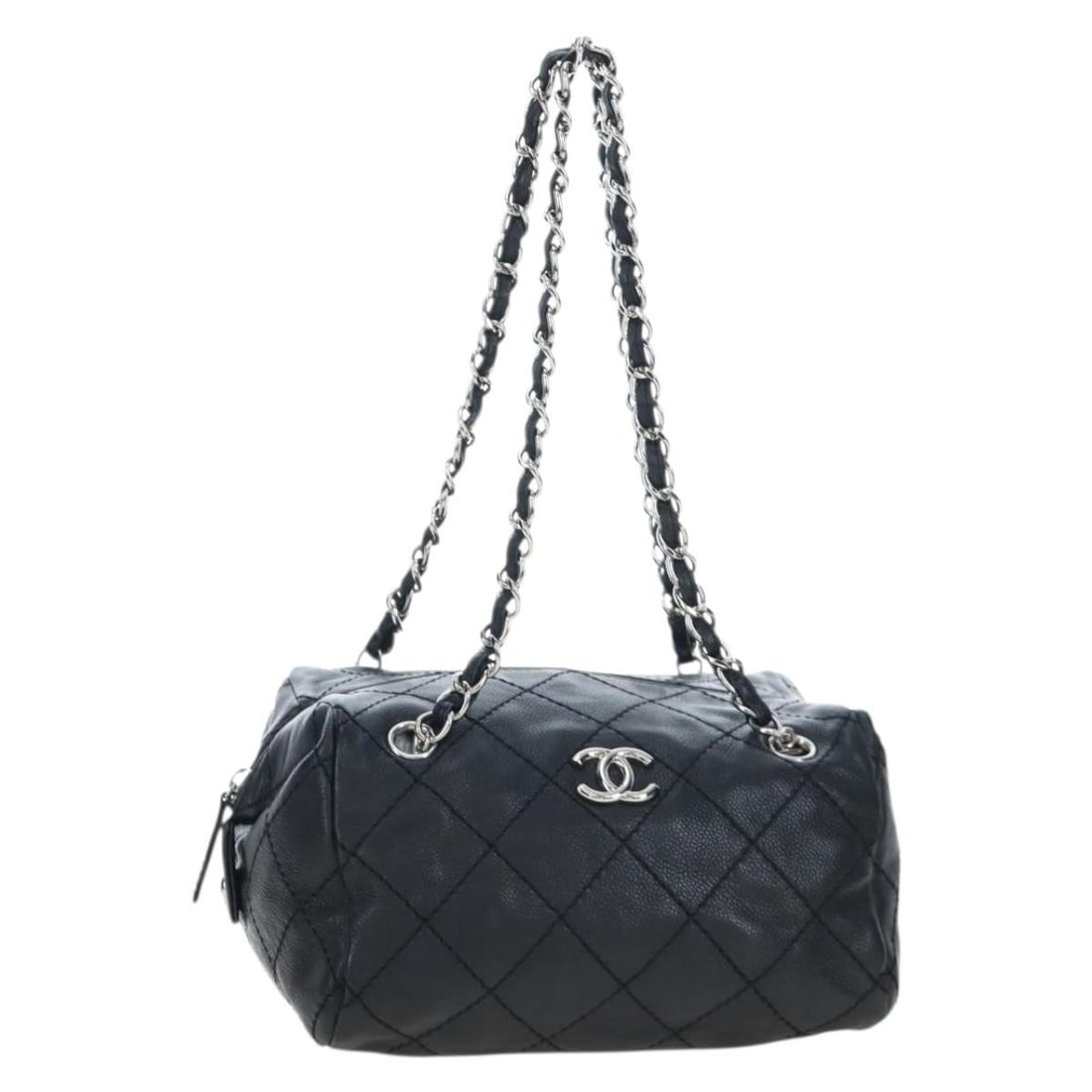 CHANEL Caviar Skin Shoulder Bag Black Silver Chain CC: CHANEL Caviar Skin Shoulder Bag Black Silver Chain CC Chanel Matelasse chain shoulder bag in black grained calfskin, also noted as caviar skin, with silver-tone CC detailing. Made in Italy, this women