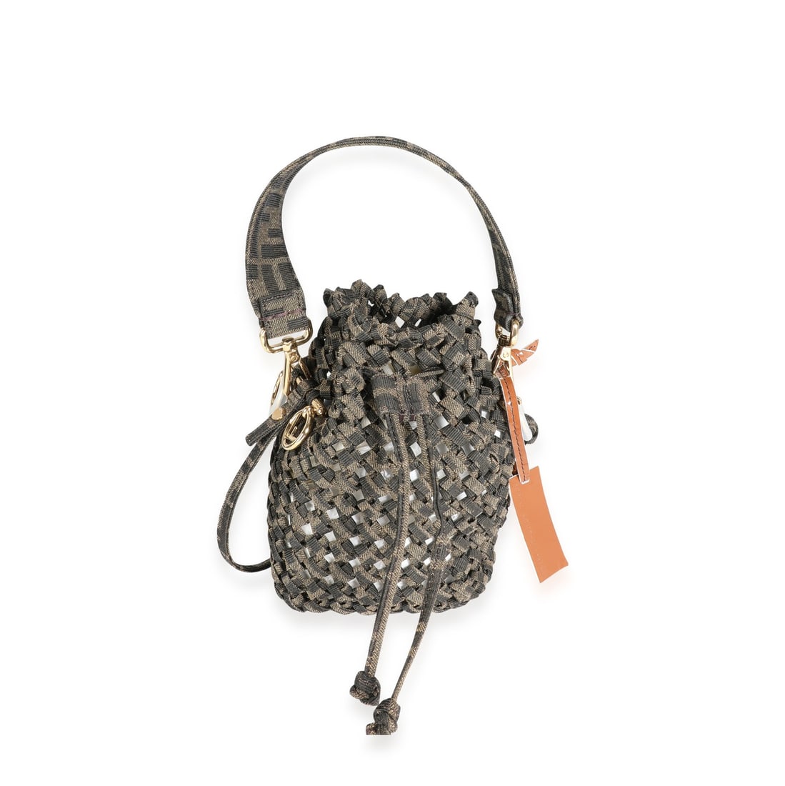 Fendi Mon Tresor Mini Brown Canvas Jacquard Drawstring Bag: Fendi Mon Tresor Mini Brown Canvas Jacquard Drawstring Bag Pre-owned Fendi Mon Tresor mini bag in brown jacquard interlace canvas. This unisex design features a drawstring closure and can be carried a