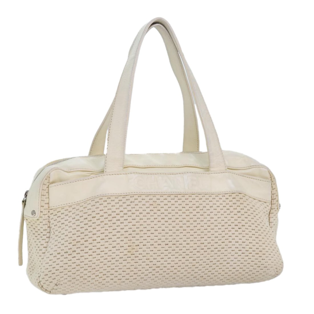 CHANEL Beige Canvas Hand Bag with Guarantee Card: CHANEL Beige Canvas Hand Bag with Guarantee Card CHANEL beige canvas hand bag for women, made in Italy. This pre-owned bag includes the guarantee card and shows heavy use with visible wear throughout.