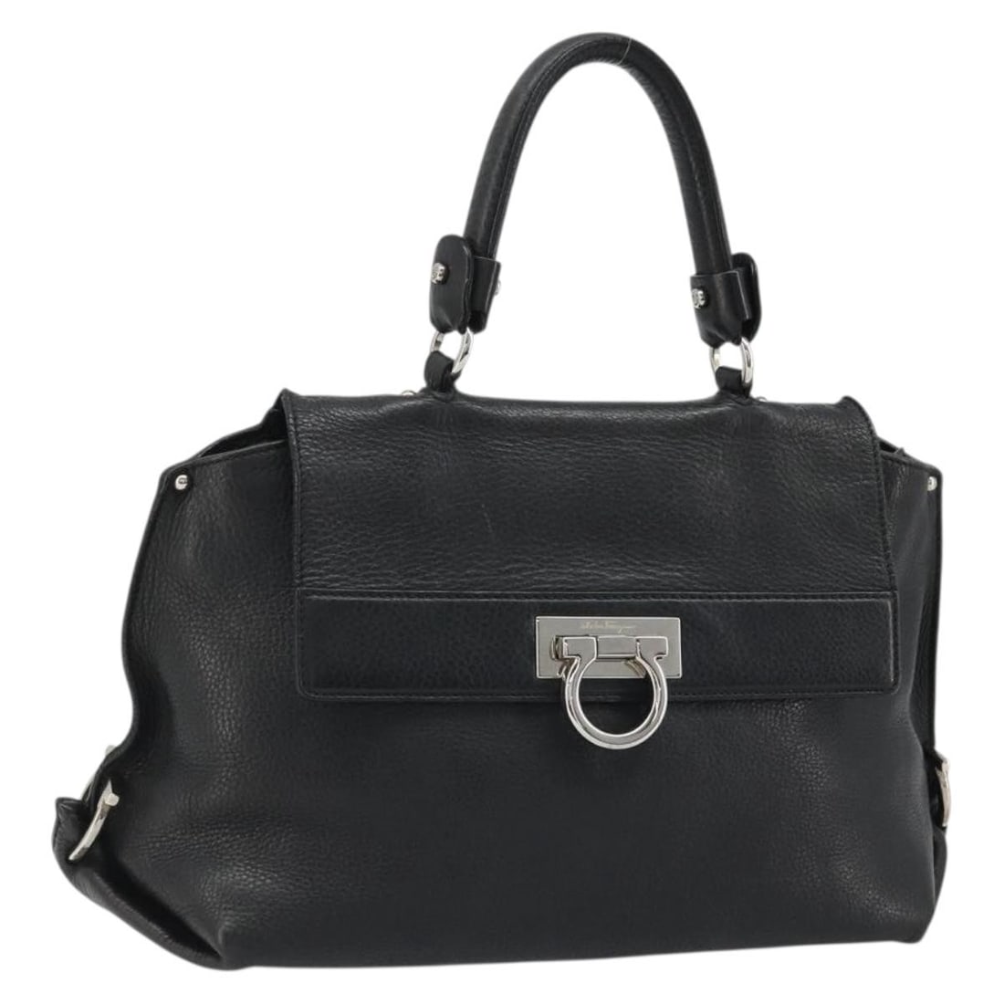 Salvatore Ferragamo Gancini Black Leather Handbag Silver Tone: Salvatore Ferragamo Gancini Black Leather Handbag Silver Tone Salvatore Ferragamo Gancini handbag in black leather with silver-tone accents, made in Italy. This women's handbag is offered without the 