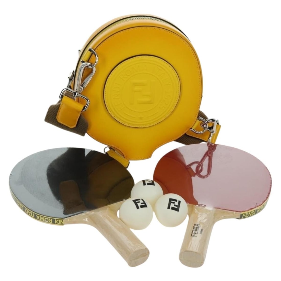 FENDI Leather Shoulder Bag Ping Pong Racket Case Yellow Silver: FENDI Leather Shoulder Bag Ping Pong Racket Case Yellow Silver FENDI shoulder bag in yellow and silver leather with a compact silhouette and adjustable shoulder strap. Includes a dust bag. Made in Ita