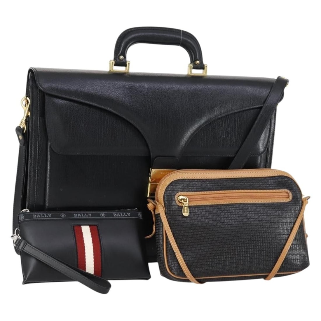 BALLY Black Leather Hand Bag Set of 3 Authentic: BALLY Black Leather Hand Bag Set of 3 Authentic This BALLY Hand Bag set features three elegant bags crafted from high-quality leather in a classic black color. Made in Switzerland, this set showcases 