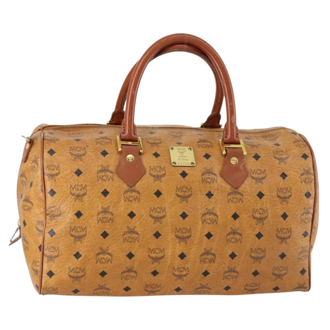 MCM Vicetos Logogram Boston Bag Brown PVC Leather Gold Tone: MCM Vicetos Logogram Boston Bag Brown PVC Leather Gold Tone MCM logogram Vicetos Boston bag in brown and gold PVC leather. This women's bag was made in Germany and features a structured Boston bag sil