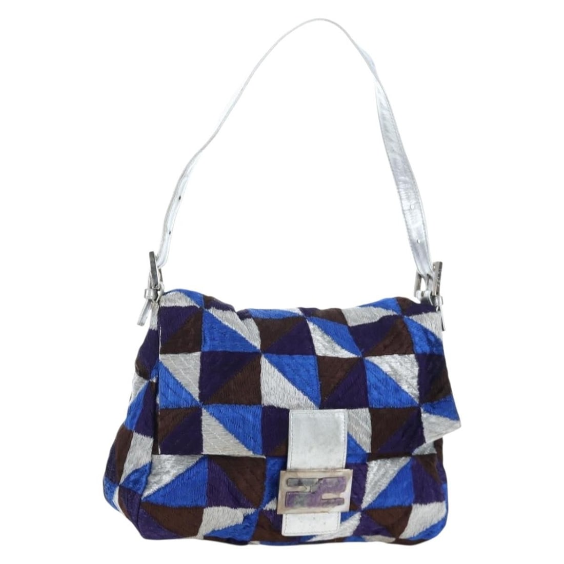FENDI Mamma Baguette Blue Canvas Shoulder Bag with Dust Bag: FENDI Mamma Baguette Blue Canvas Shoulder Bag with Dust Bag Authentic Fendi Mamma Baguette shoulder bag in blue and silver canvas. Includes a dust bag. Condition is B with reasonable wear and tear, in