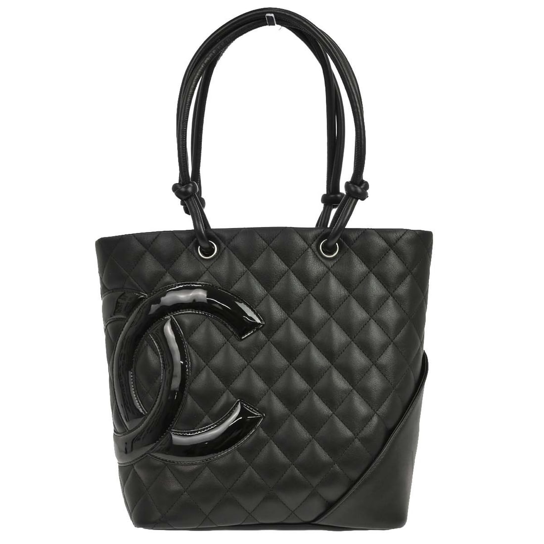 CHANEL Cambon Ligne Medium Tote in Black Calfskin Leather: CHANEL Cambon Ligne Medium Tote in Black Calfskin Leather Chanel Cambon Ligne tote handbag in black calfskin leather with a quilted logo design and patent leather trim. This medium tote features doubl