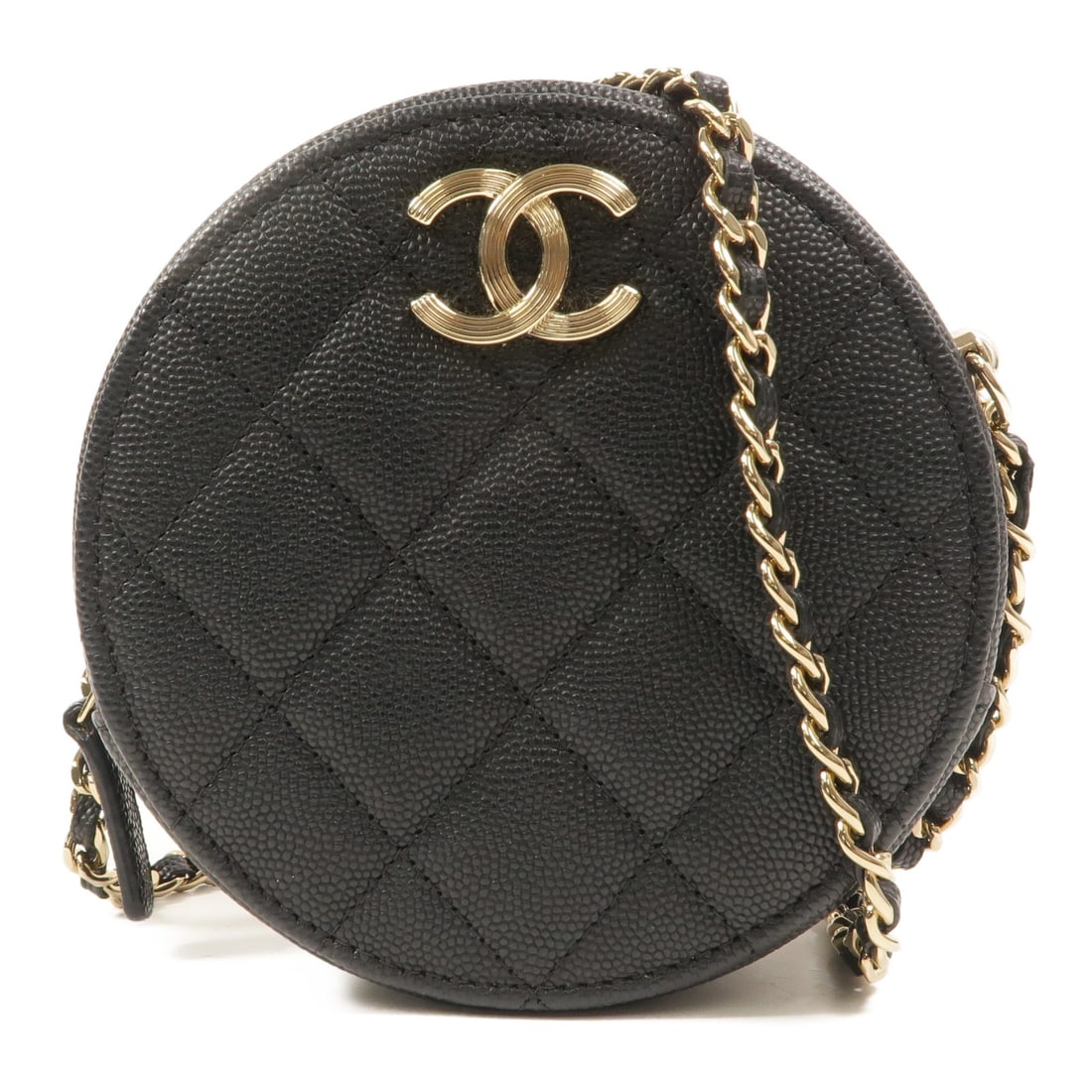 CHANEL CC Round Vanity Case Shoulder Bag Black Calfskin: CHANEL CC Round Vanity Case Shoulder Bag Black Calfskin Round vanity case shoulder bag in black calfskin leather with CC detailing and a chain strap. The interior includes two open pockets, and the ba