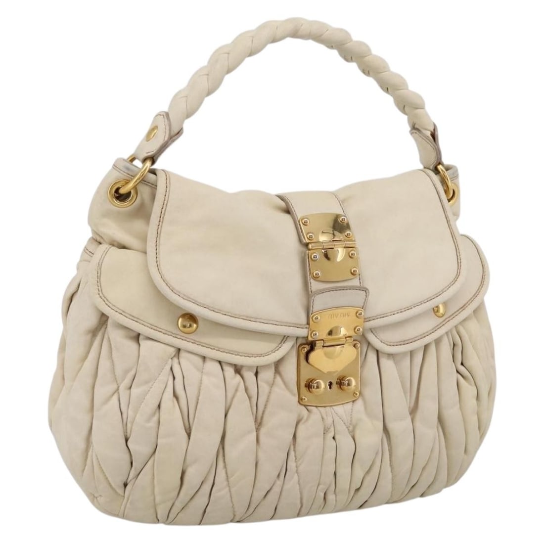Miu Miu Matelasse Leather 2 Way Handbag Ivory Gold: Miu Miu Matelasse Leather 2 Way Handbag Ivory Gold Miu Miu matelasse leather 2-way handbag in ivory and gold. This women's handbag is made in Turkey and includes only the item shown, with no box or du