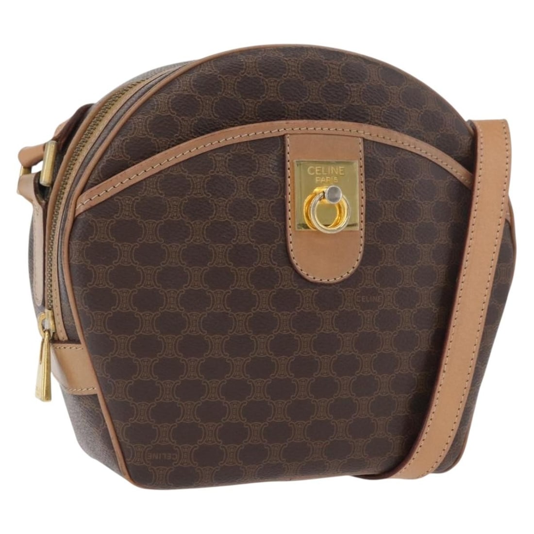 CELINE Macadam Shoulder Bag Brown PVC Leather Canvas Gold Tone: CELINE Macadam Shoulder Bag Brown PVC Leather Canvas Gold Tone Celine Macadam canvas shoulder bag in brown with gold-tone accents, crafted from PVC leather and made in Italy. This women's shoulder bag