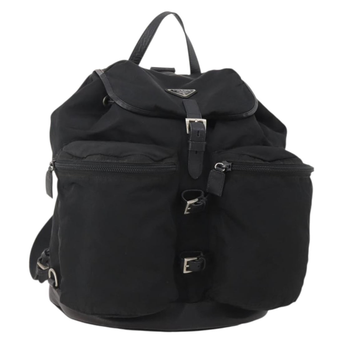 PRADA Nylon Backpack in Black with Silver Tone Made in Italy: PRADA Nylon Backpack in Black with Silver Tone Made in Italy Prada women's nylon backpack in black and silver, made in Italy. This heavily used bag shows visible wear throughout, including loss of sha