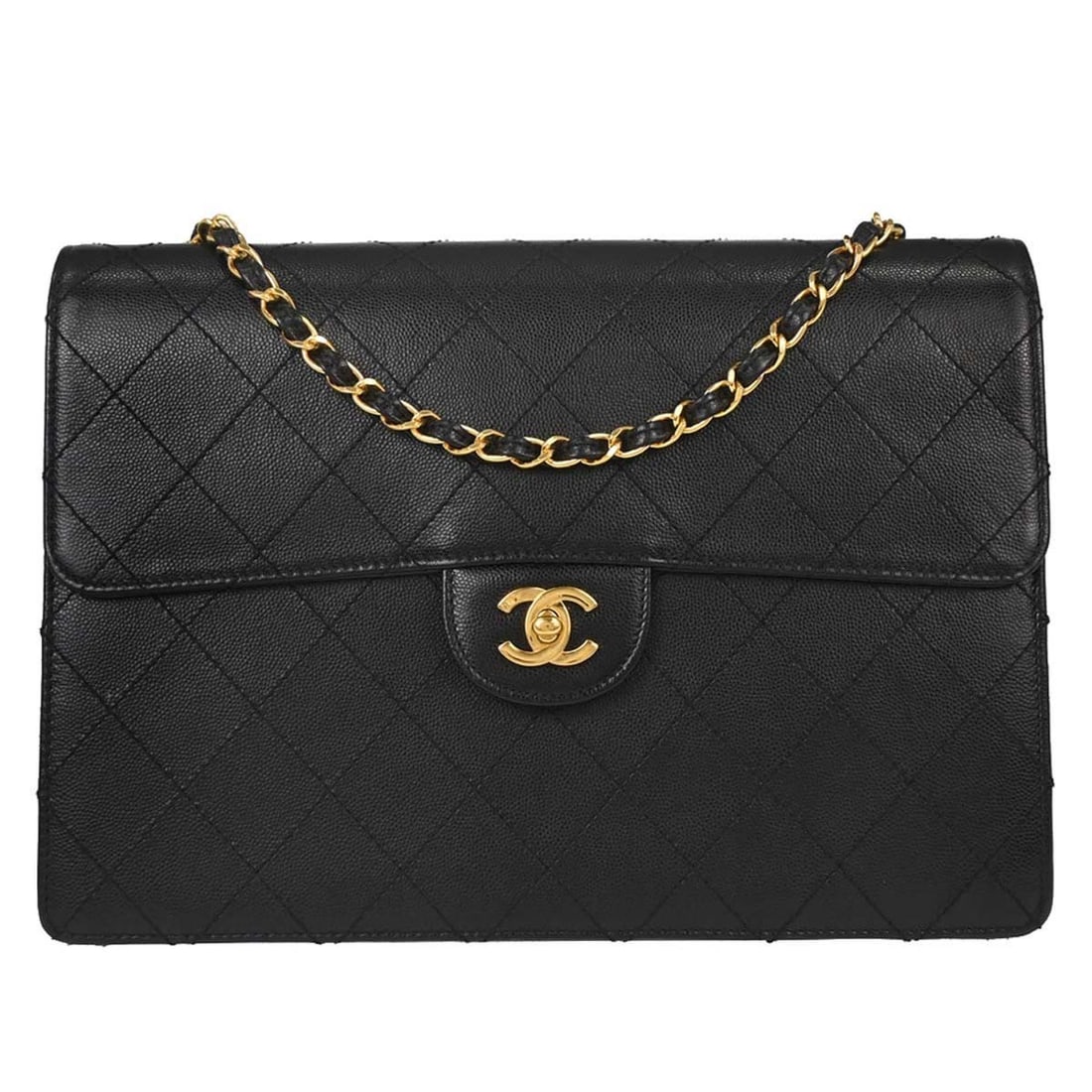 CHANEL Classic Flap Jumbo Shoulder Bag Black Caviar Leather: CHANEL Classic Flap Jumbo Shoulder Bag Black Caviar Leather Chanel Jumbo Classic Single Flap shoulder bag in black calfskin with a turn-lock closure and shoulder strap. This large shoulder bag feature