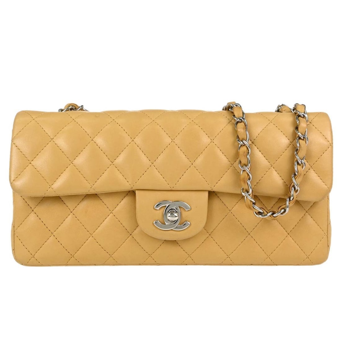 CHANEL East West Medium Shoulder Bag Beige Lambskin Flap Chain Strap: CHANEL East West Medium Shoulder Bag Beige Lambskin Flap Chain Strap Chanel East West shoulder bag in beige lambskin with a flap turnlock closure and chain strap. This medium shoulder bag features thr