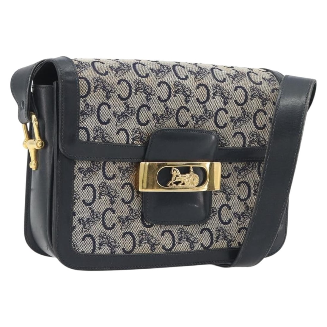 CELINE Sulky Canvas Shoulder Bag Navy Gold Tone Womens (1 of 18)