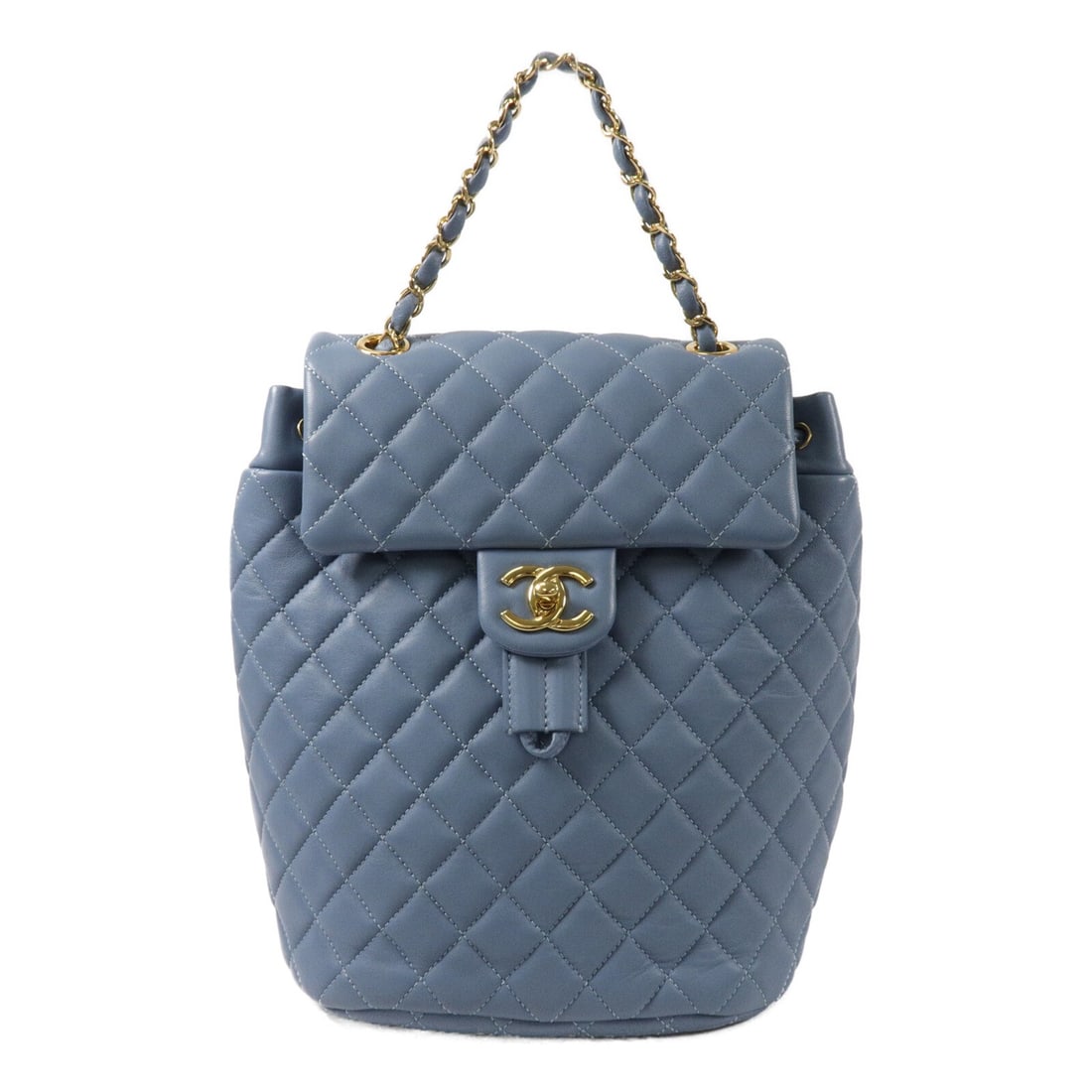 CHANEL Urban Spirit A91121 Blue Lambskin Backpack with CC GHW: CHANEL Urban Spirit A91121 Blue Lambskin Backpack with CC GHW Urban Spirit rucksack backpack in blue lambskin leather with CC GHW styling. This women's backpack features a turn-lock closure, one exter