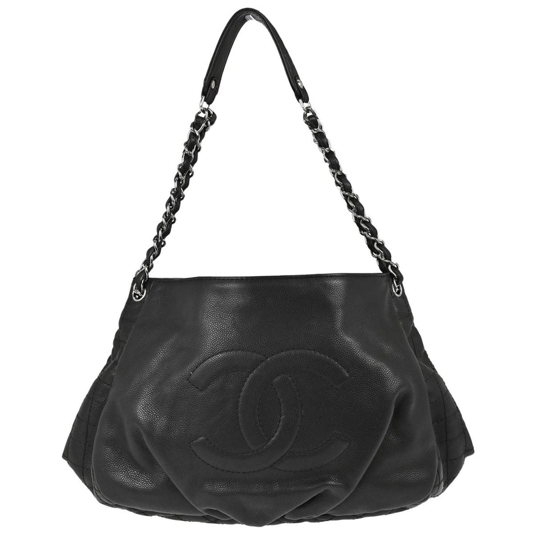 CHANEL Matelasse Medium Tote Bag Black Caviar Skin Leather: CHANEL Matelasse Medium Tote Bag Black Caviar Skin Leather Chanel black tote handbag in caviar skin leather with a matelasse quilted design, double handles, and a zip-top closure. The interior is leat