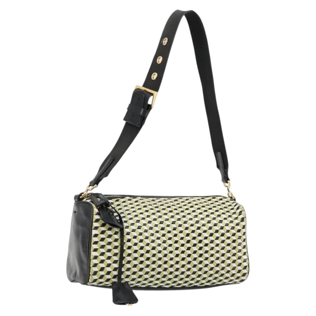 PRADA Leather Shoulder Bag Yellow Gold with Padlock and Keys: PRADA Leather Shoulder Bag Yellow Gold with Padlock and Keys Prada shoulder bag crafted in leather with a yellow/gold exterior. It features a shoulder strap with an approximate drop of 8.3-10.2 inches