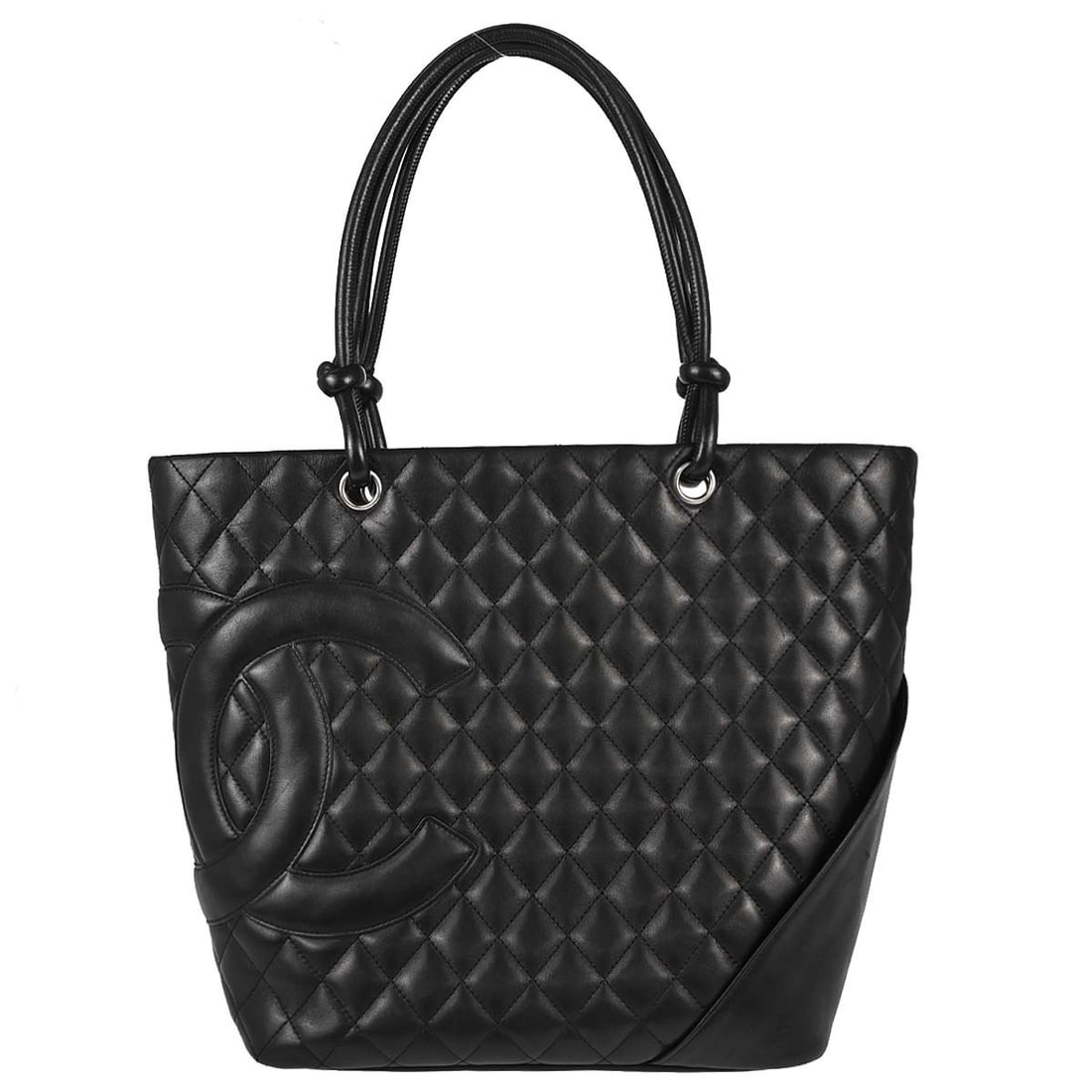 CHANEL Cambon Ligne Black Calfskin Leather Tote Bag: CHANEL Cambon Ligne Black Calfskin Leather Tote Bag Chanel Cambon Ligne tote handbag in black calfskin leather with a quilted logo design and pink canvas lining. This medium tote features double black
