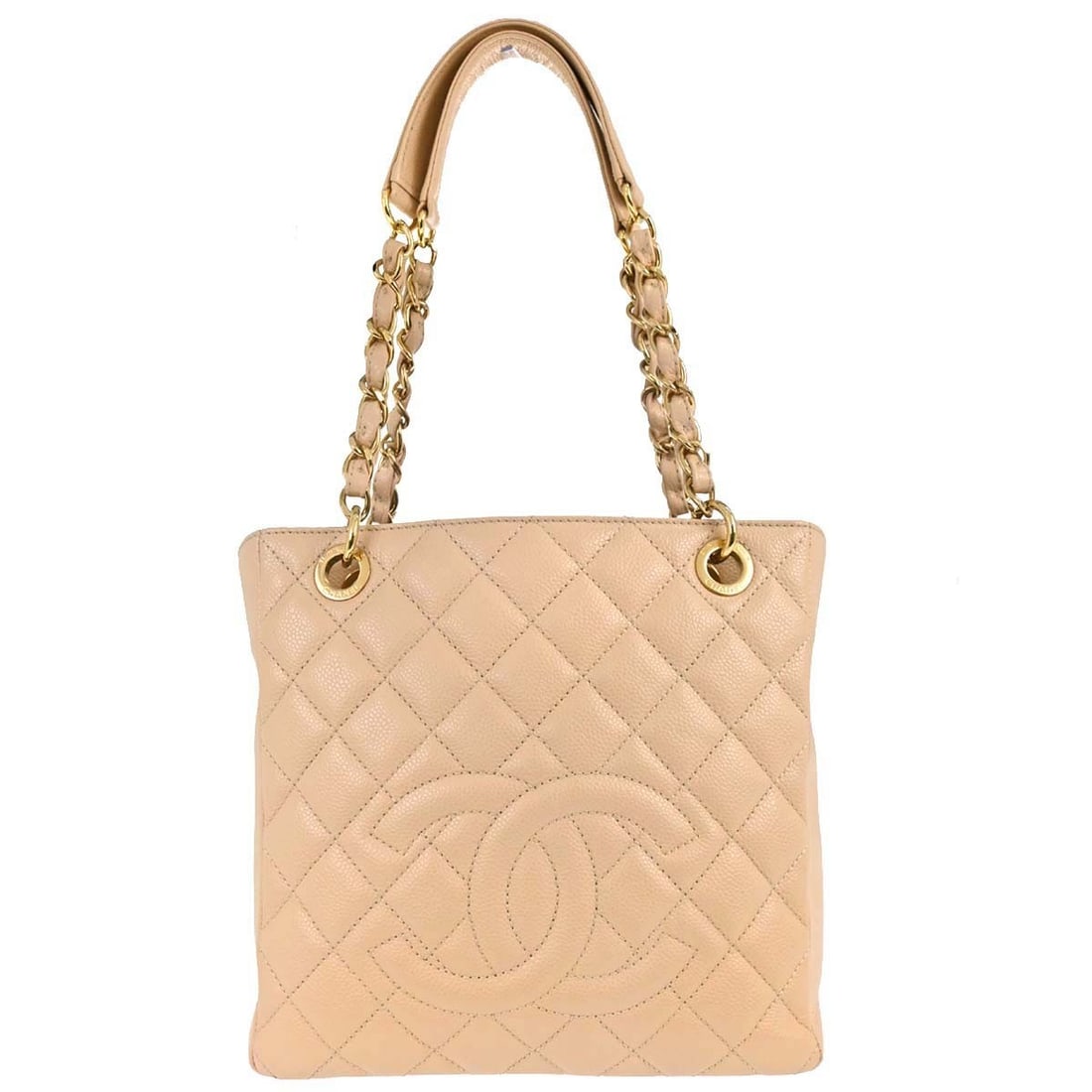 CHANEL Petite Shopping Tote Beige Caviar Leather Chain Handbag: CHANEL Petite Shopping Tote Beige Caviar Leather Chain Handbag Chanel Petite Shopping Tote PST chain handbag in beige caviar skin leather with a quilted design and magnetic closure. This women's tote 
