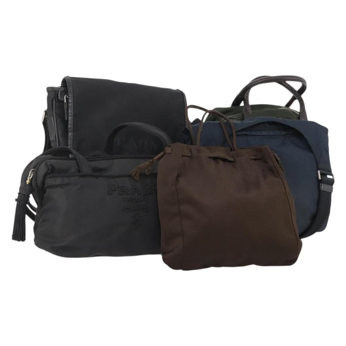 Set of 5 Prada nylon shoulder bags black navy brown: Set of 5 Prada nylon shoulder bags black navy brown Set of five Prada shoulder bags in nylon with leather trim, offered in black, navy, and brown. Made in Italy for women, this special set sale includ