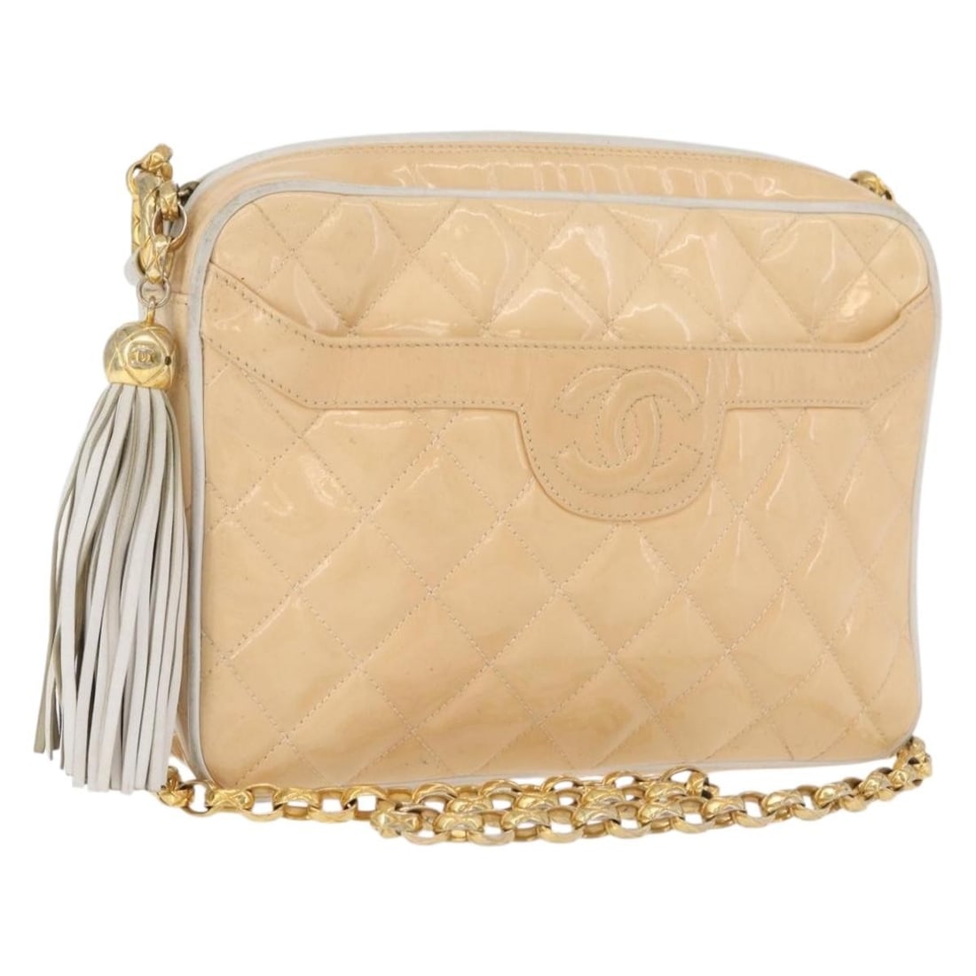 CHANEL CC Flap Shoulder Bag Patent Leather Ivory Gold Tone: CHANEL CC Flap Shoulder Bag Patent Leather Ivory Gold Tone Chanel Matelasse chain shoulder bag in ivory patent leather with gold-tone CC detailing. Made in Italy, this women's shoulder bag includes th