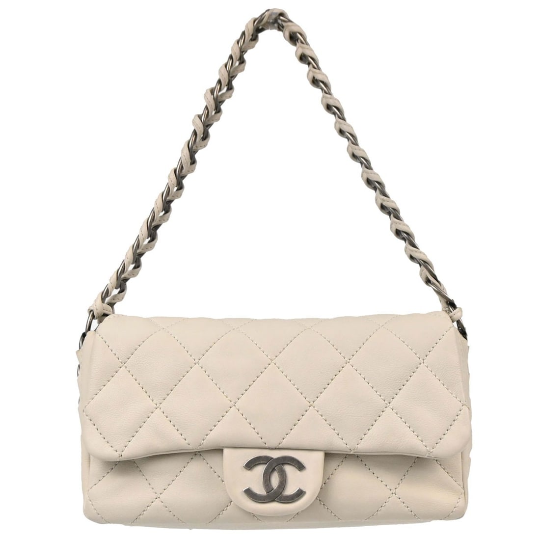 CHANEL Modern Chain Flap Top Handle Bag Off White Calfskin: CHANEL Modern Chain Flap Top Handle Bag Off White Calfskin Chanel Modern Chain Flap Bag in off-white calfskin with a top handle design, logo accents, and inner storage pockets. This medium handbag fea