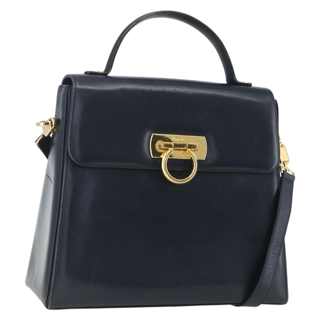 Salvatore Ferragamo Gancini 2way Leather Handbag Navy Gold Tone: Salvatore Ferragamo Gancini 2way Leather Handbag Navy Gold Tone Salvatore Ferragamo Gancini 2-way handbag in navy leather with gold-tone accents. Designed for women and made in Italy, this bag include