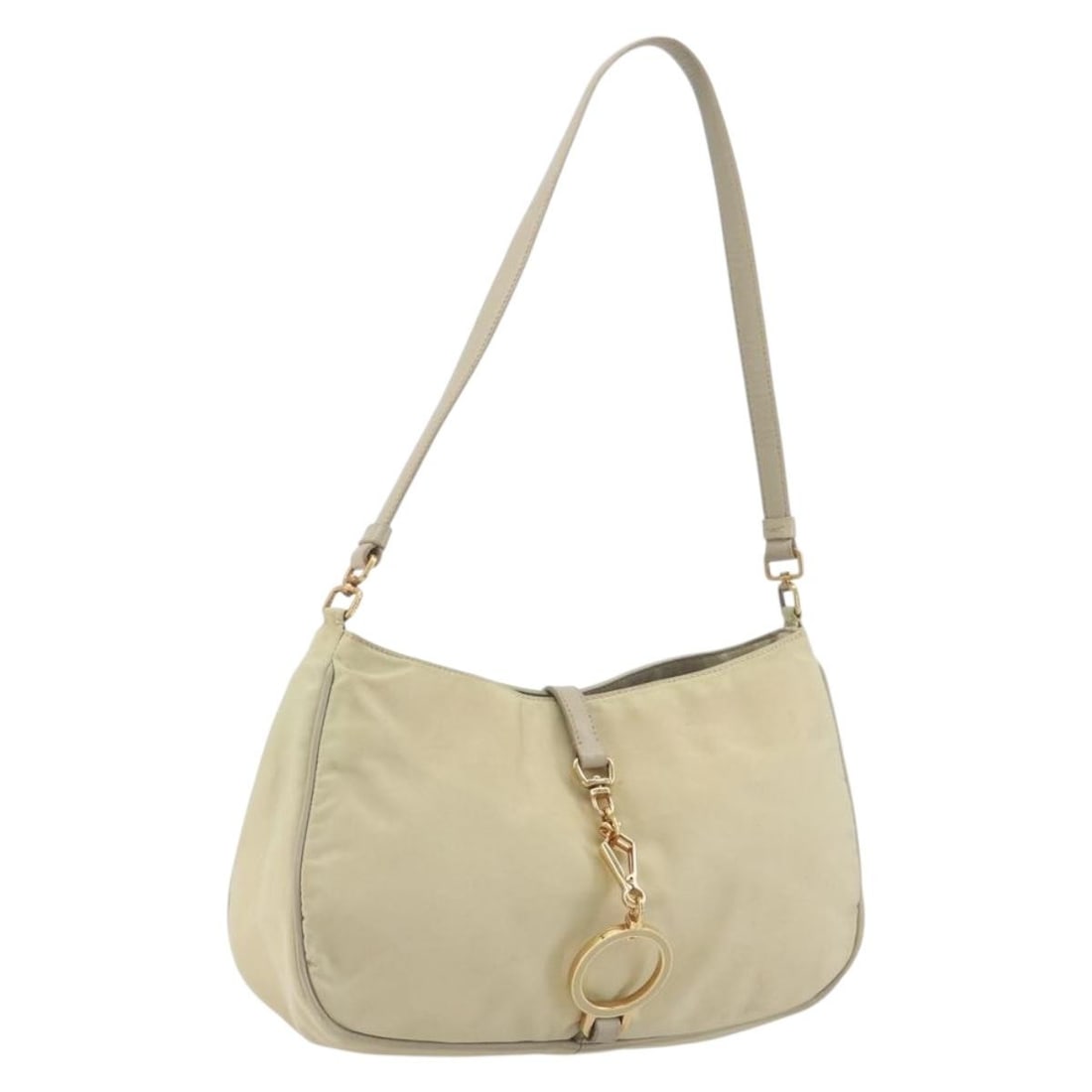 PRADA Nylon Shoulder Bag Ivory Gold with Guarantee Card: PRADA Nylon Shoulder Bag Ivory Gold with Guarantee Card Prada shoulder bag in ivory and gold nylon with a compact silhouette and adjustable shoulder strap. Includes the guarantee card. Made in Italy. 