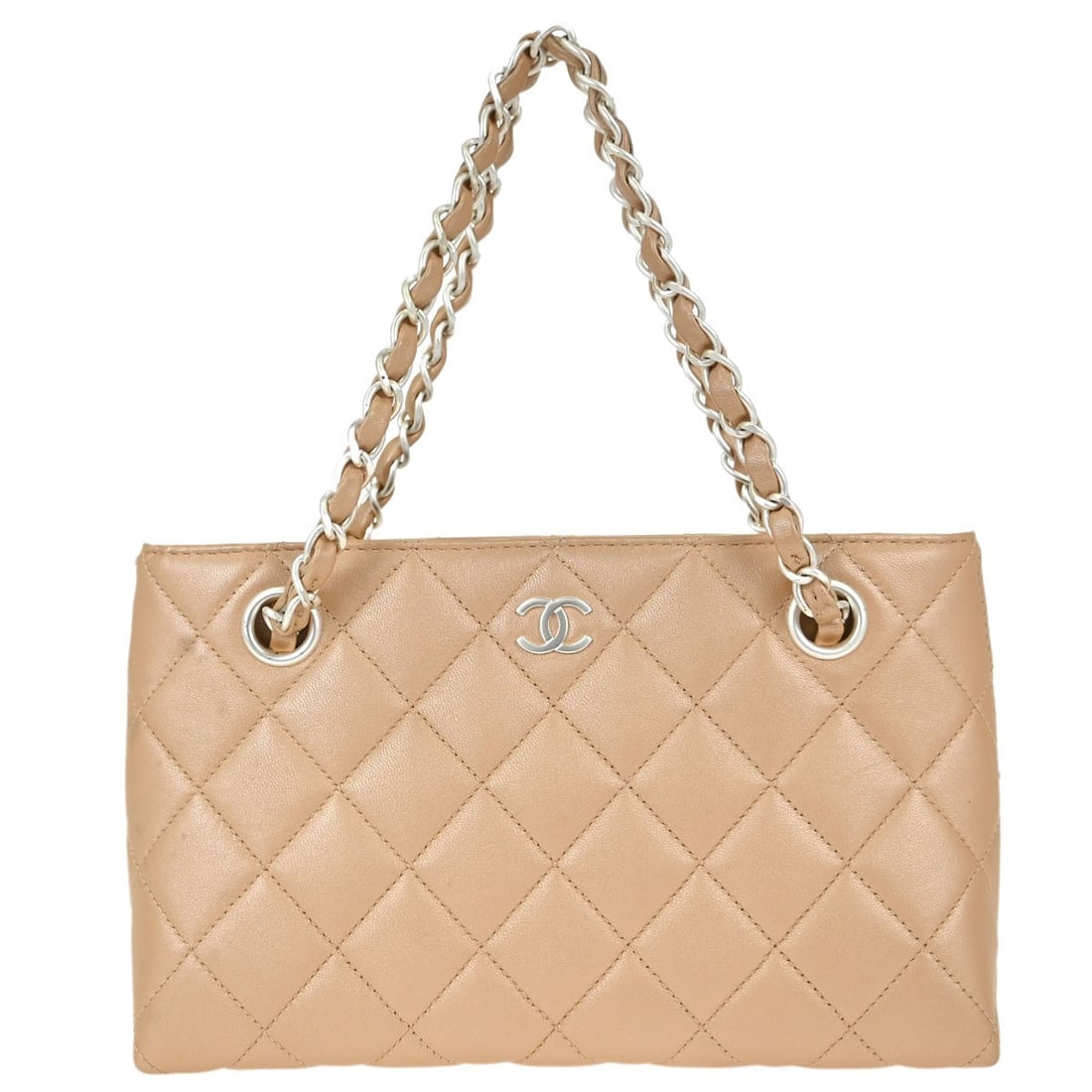CHANEL Small Lambskin Top Handle Bag Beige Pink France: CHANEL Small Lambskin Top Handle Bag Beige Pink France Small Chanel tote handbag in beige lambskin leather with double handles, a zip closure, and an interior zipper pocket. Made in France, this piece