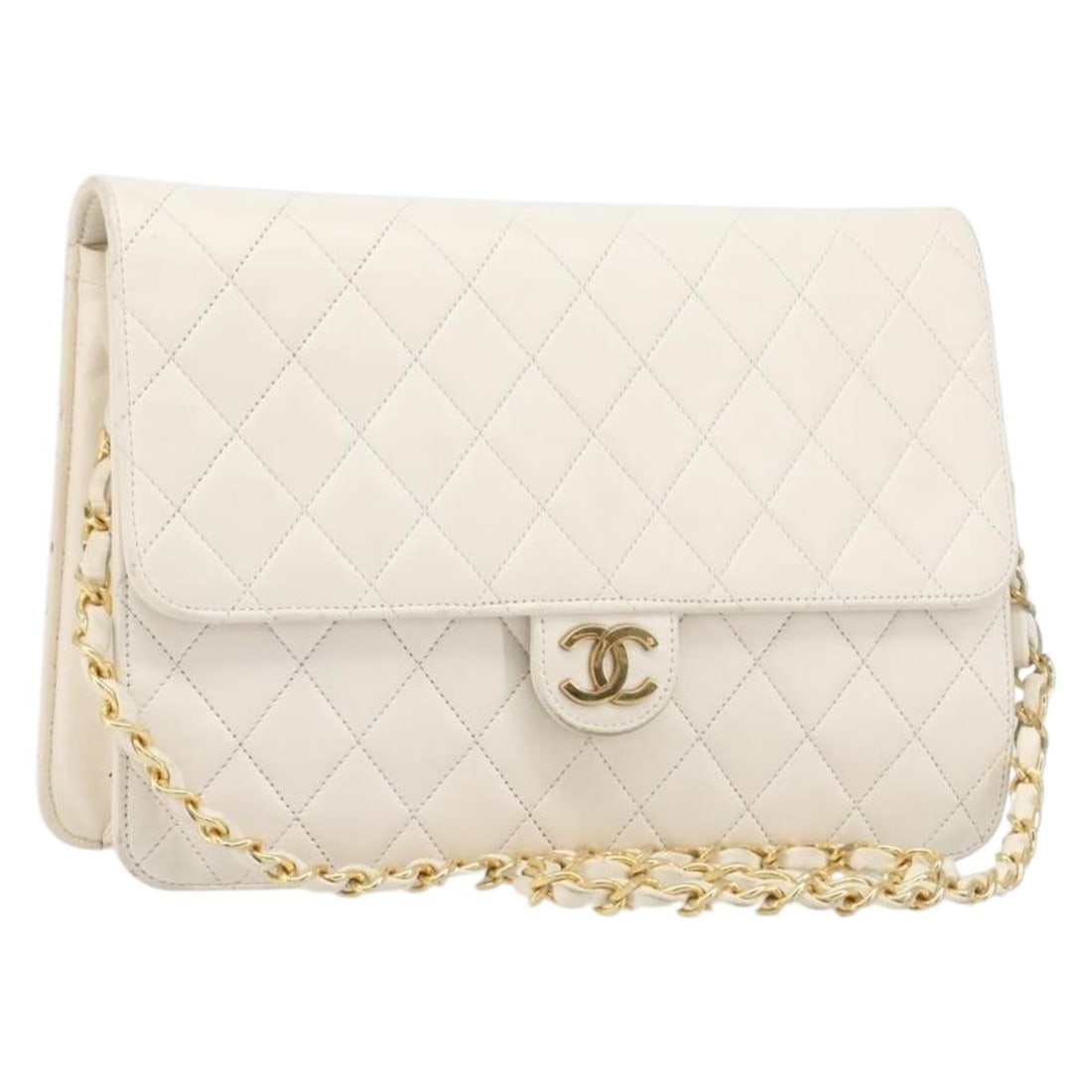 CHANEL CC White Lamb Skin Chain Shoulder Bag: CHANEL CC White Lamb Skin Chain Shoulder Bag CHANEL Matelasse chain shoulder bag in white lamb skin with gold-tone CC detailing. This women's shoulder bag is made in Italy and includes only the bag sh