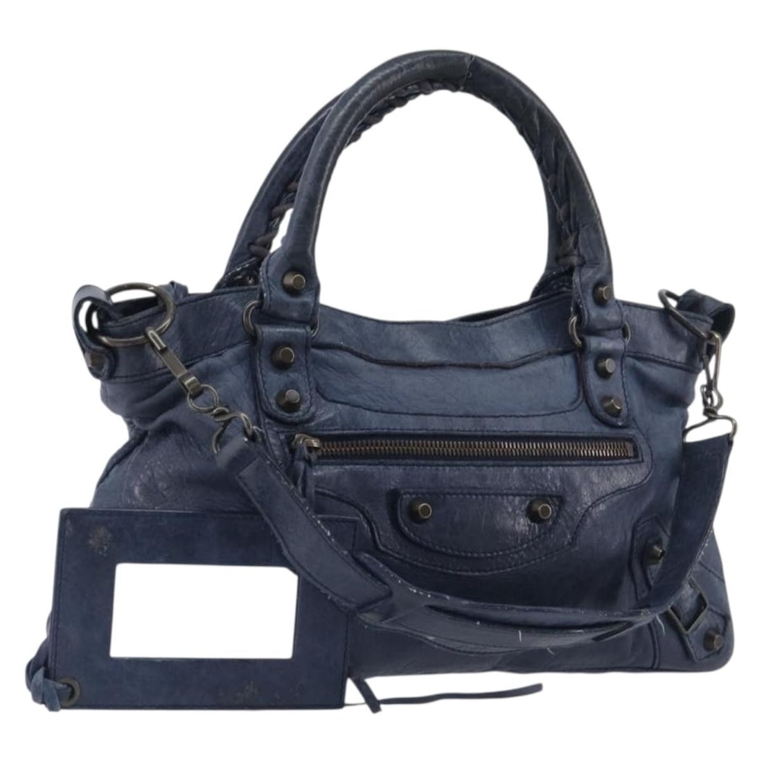 BALENCIAGA 103208 The First blue leather 2way handbag: BALENCIAGA 103208 The First blue leather 2way handbag Balenciaga The First 2-way handbag in blue leather with a top handle and removable shoulder strap. Includes a mirror accessory. Made in Italy. Con