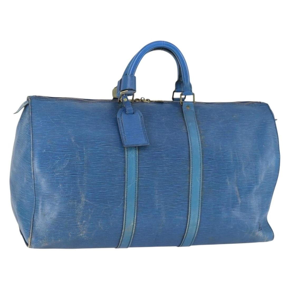 Louis Vuitton M42965 Keepall 50 Epi Leather Boston Bag Blue: Louis Vuitton M42965 Keepall 50 Epi Leather Boston Bag Blue Vintage Louis Vuitton Keepall 50 Boston bag in blue Epi leather. This women's bag includes a name tag and powanie. Condition is heavily used