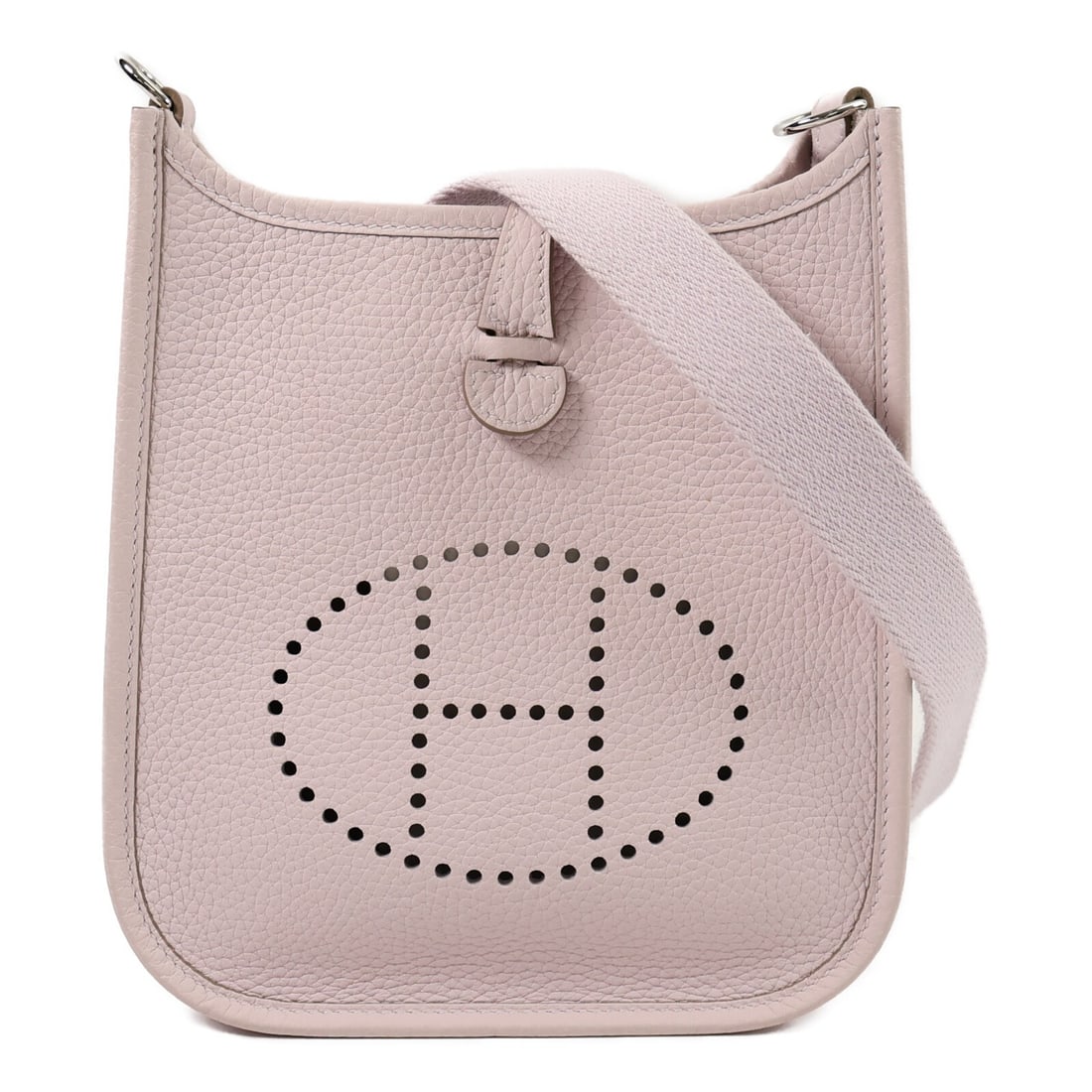 Hermes Evelyne TPM Clemence Leather Shoulder Bag Rose Sakura PHW: Hermes Evelyne TPM Clemence Leather Shoulder Bag Rose Sakura PHW Hermes Evelyne TPM shoulder bag in Rose Sakura with pink and Mauve Sylvestre accents, crafted in Taurillon Clemence and calfskin. This 