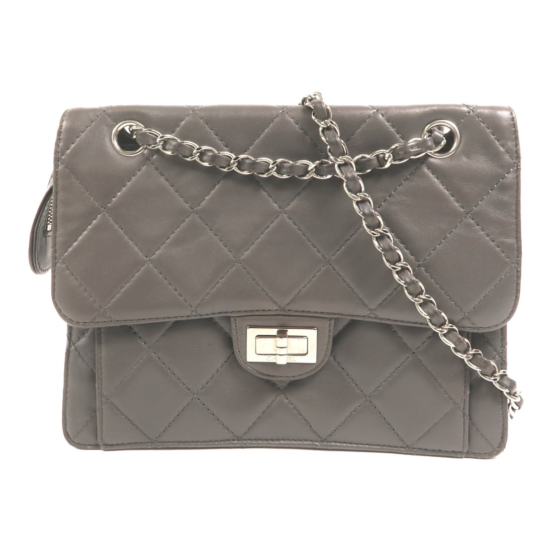 CHANEL Gray Lambskin Chain Shoulder Bag with CC and SHW: CHANEL Gray Lambskin Chain Shoulder Bag with CC and SHW A CHANEL CC chain shoulder bag in gray lambskin leather with silver-tone hardware. It features a turn lock closure, one outside zip pocket, one 