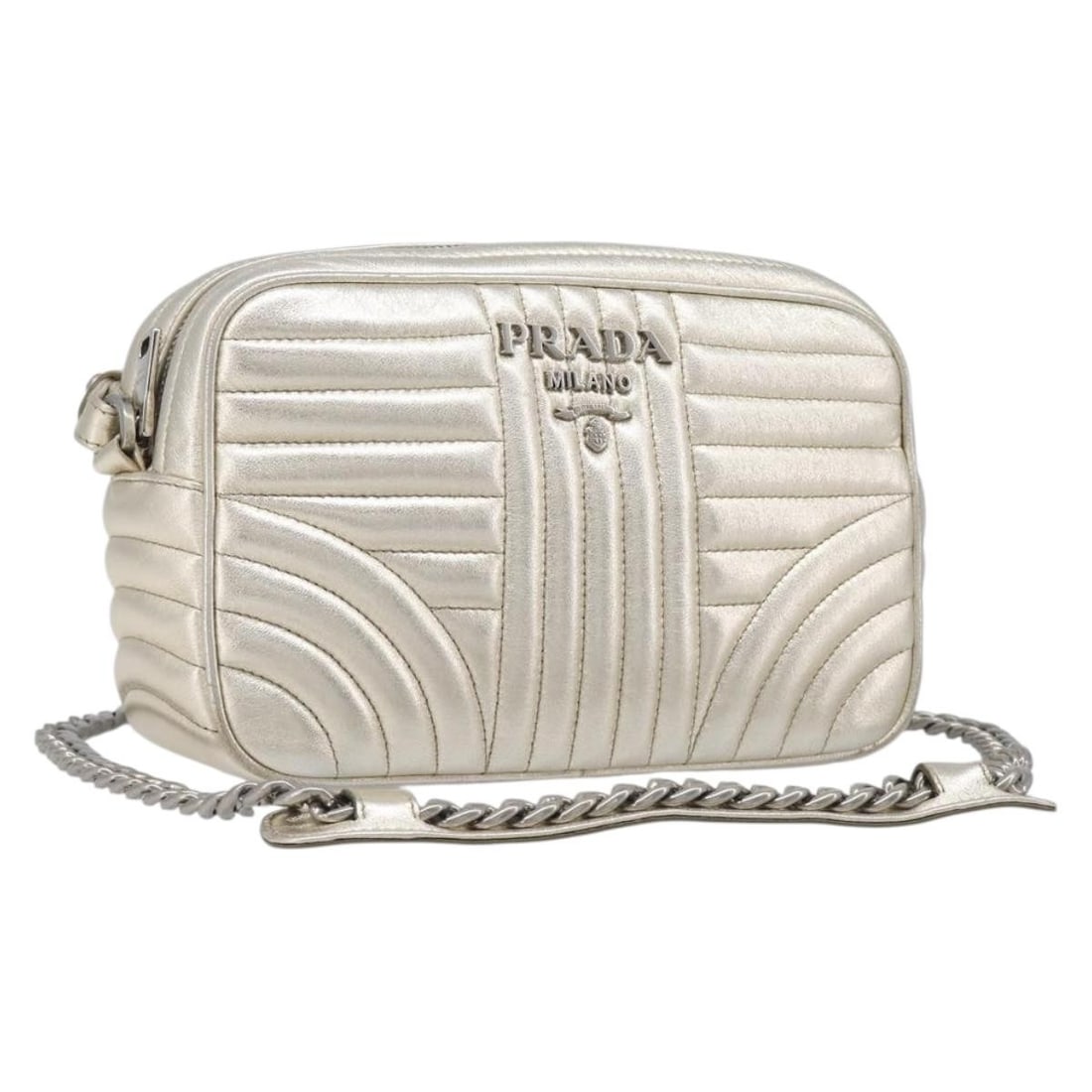 PRADA Diagram Leather Shoulder Bag in Champagne Gold with Dust Bag: PRADA Diagram Leather Shoulder Bag in Champagne Gold with Dust Bag Prada Diagram chain shoulder bag in champagne gold leather. Made in Italy, this women's shoulder bag includes a dust bag. Condition i