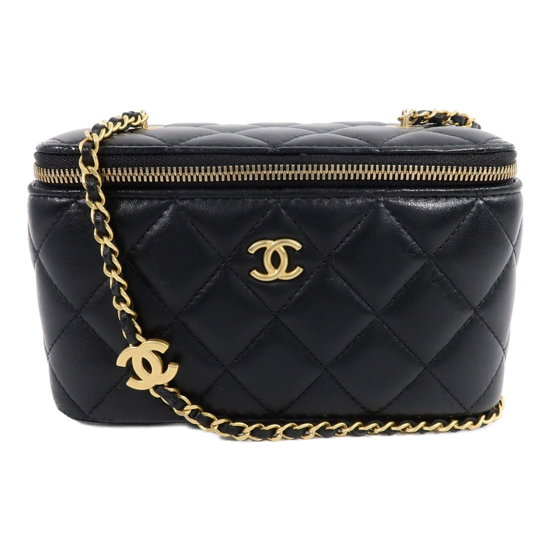 CHANEL Vanity Case Chain Shoulder Bag Black Lambskin CC GHW: CHANEL Vanity Case Chain Shoulder Bag Black Lambskin CC GHW Chanel CC vanity case chain shoulder bag in black lambskin leather. This women's shoulder bag features a compact structured silhouette with 