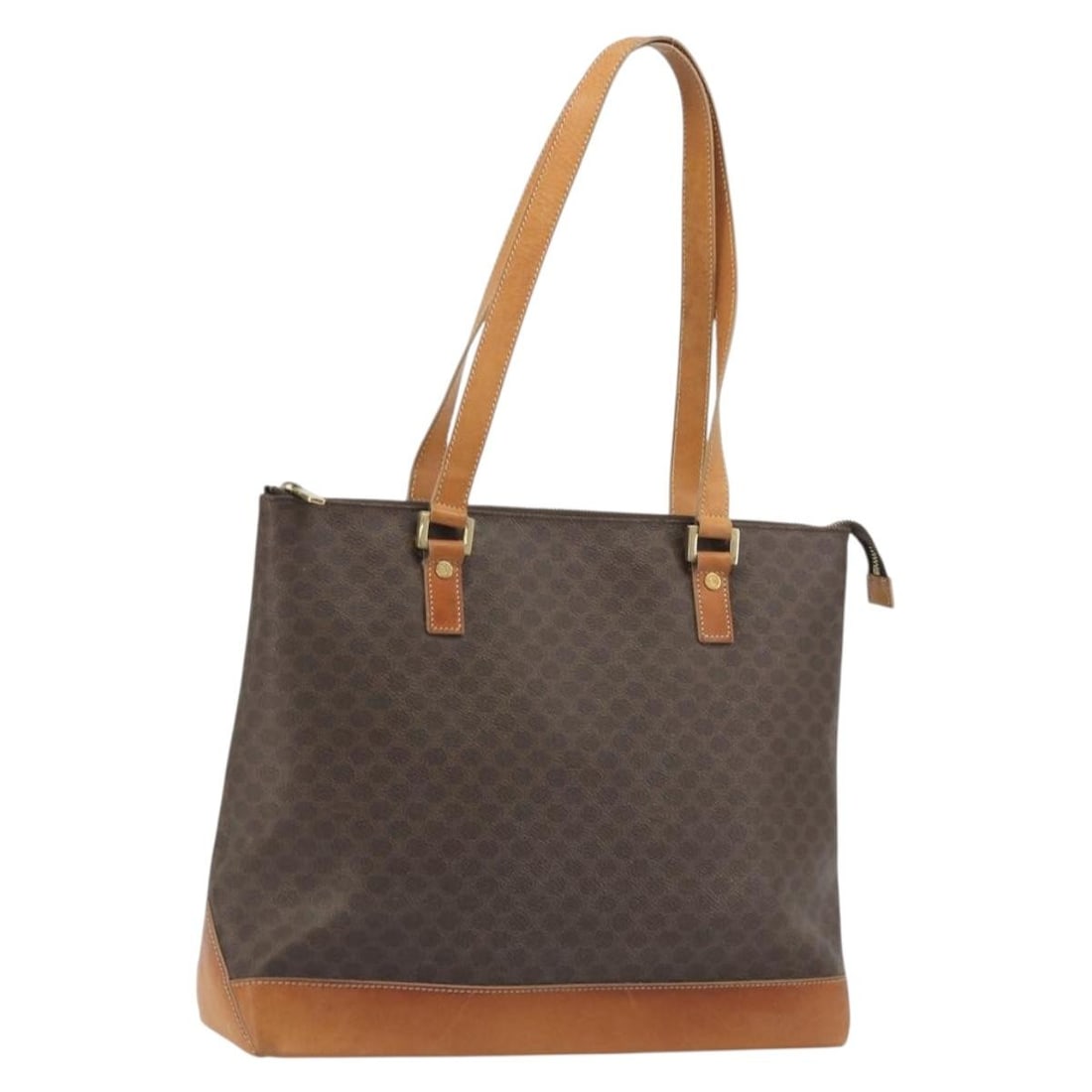 CELINE Macadam PVC Leather Tote Brown Gold Tone Italy: CELINE Macadam PVC Leather Tote Brown Gold Tone Italy Celine Macadam Tote Bag in brown and gold tone, made from PVC leather and Macadam canvas. This tote bag was made in Italy and features a handle dr