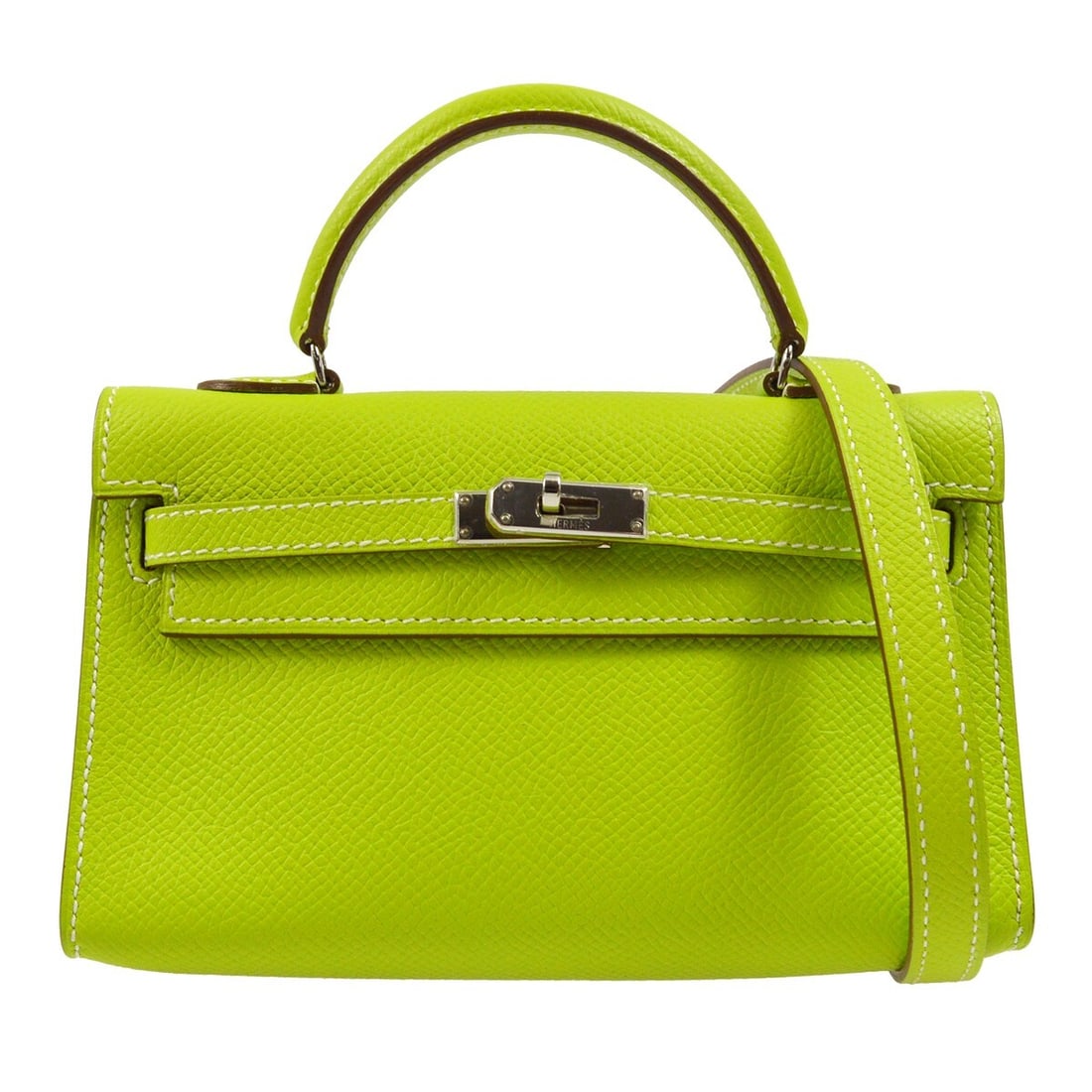 Hermes Tiny Kelly Mini Veau Epsom Handbag in Kiwi with Strap: Hermes Tiny Kelly Mini Veau Epsom Handbag in Kiwi with Strap Hermes Tiny Kelly 2-way handbag in Kiwi Veau Epsom leather with a structured mini silhouette and classic flap turn-lock closure. This women
