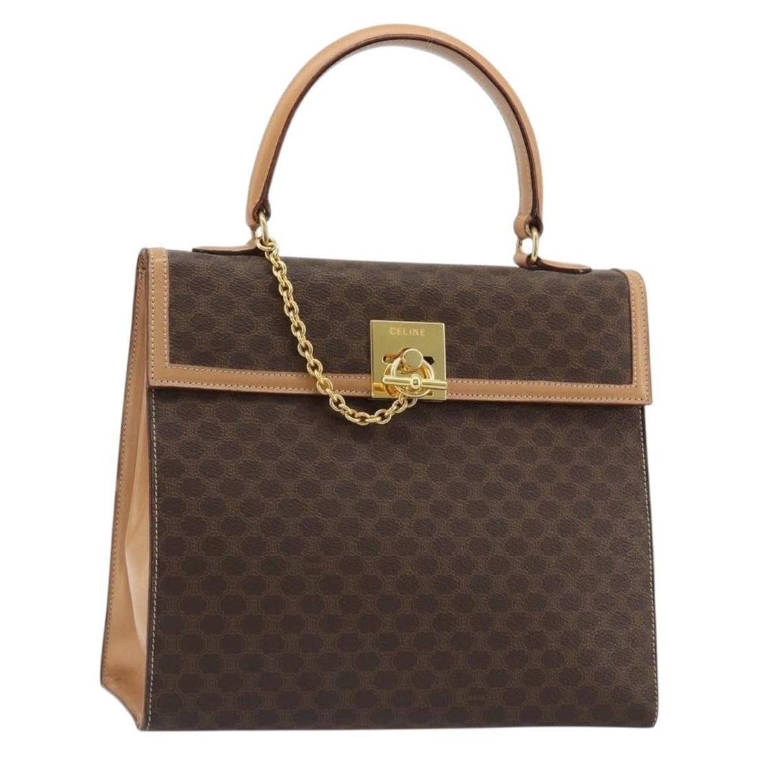 CELINE Macadam Canvas PVC Leather Handbag Brown Gold Tone: CELINE Macadam Canvas PVC Leather Handbag Brown Gold Tone Celine Macadam canvas hand bag in brown with gold-tone accents, crafted from PVC leather and made in Italy. Includes a dust bag. Condition is 