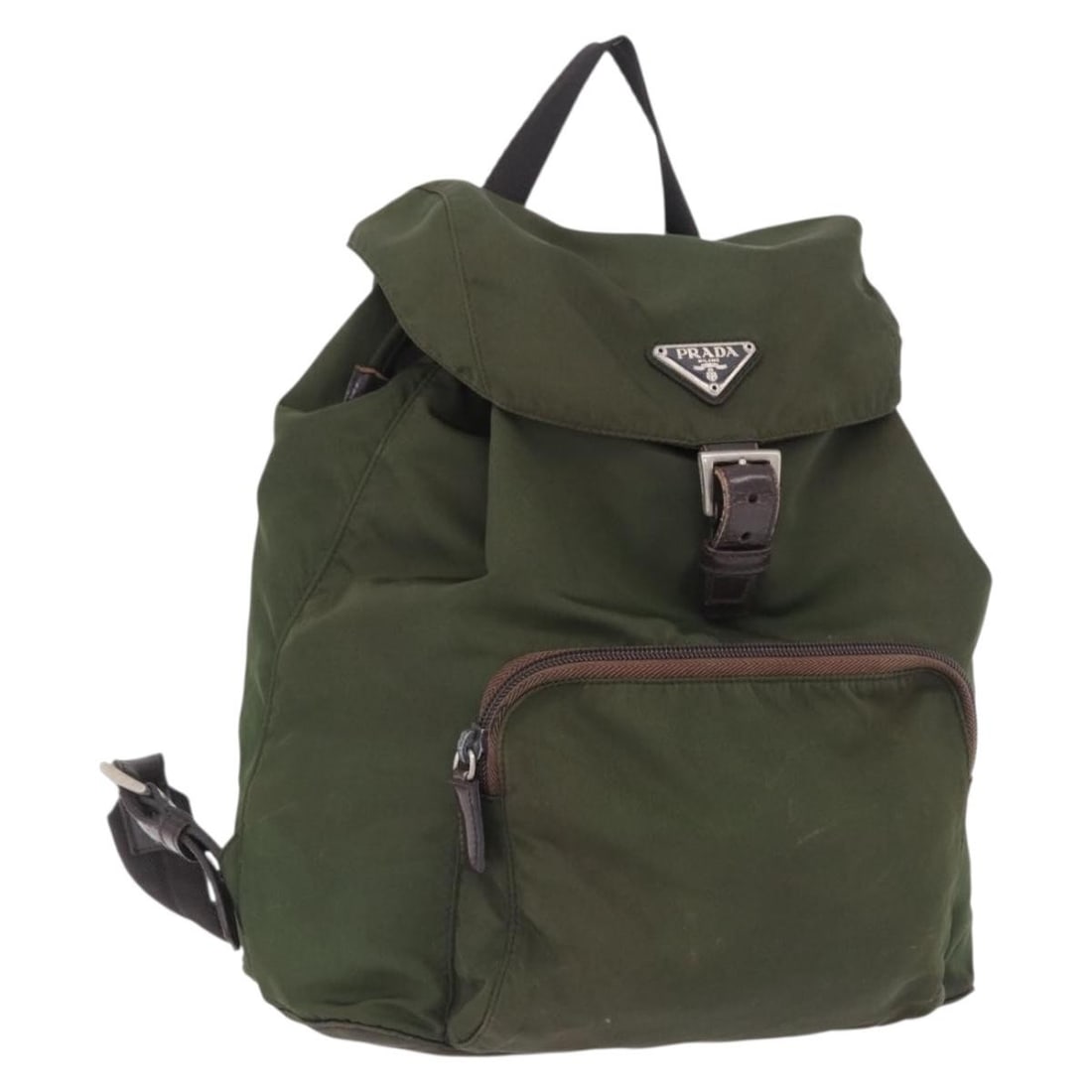 PRADA Nylon Backpack in Green and Silver Made in Italy: PRADA Nylon Backpack in Green and Silver Made in Italy Authentic Prada women's backpack in green nylon with silver-tone accents, made in Italy. This heavily used bag shows visible wear throughout, inc