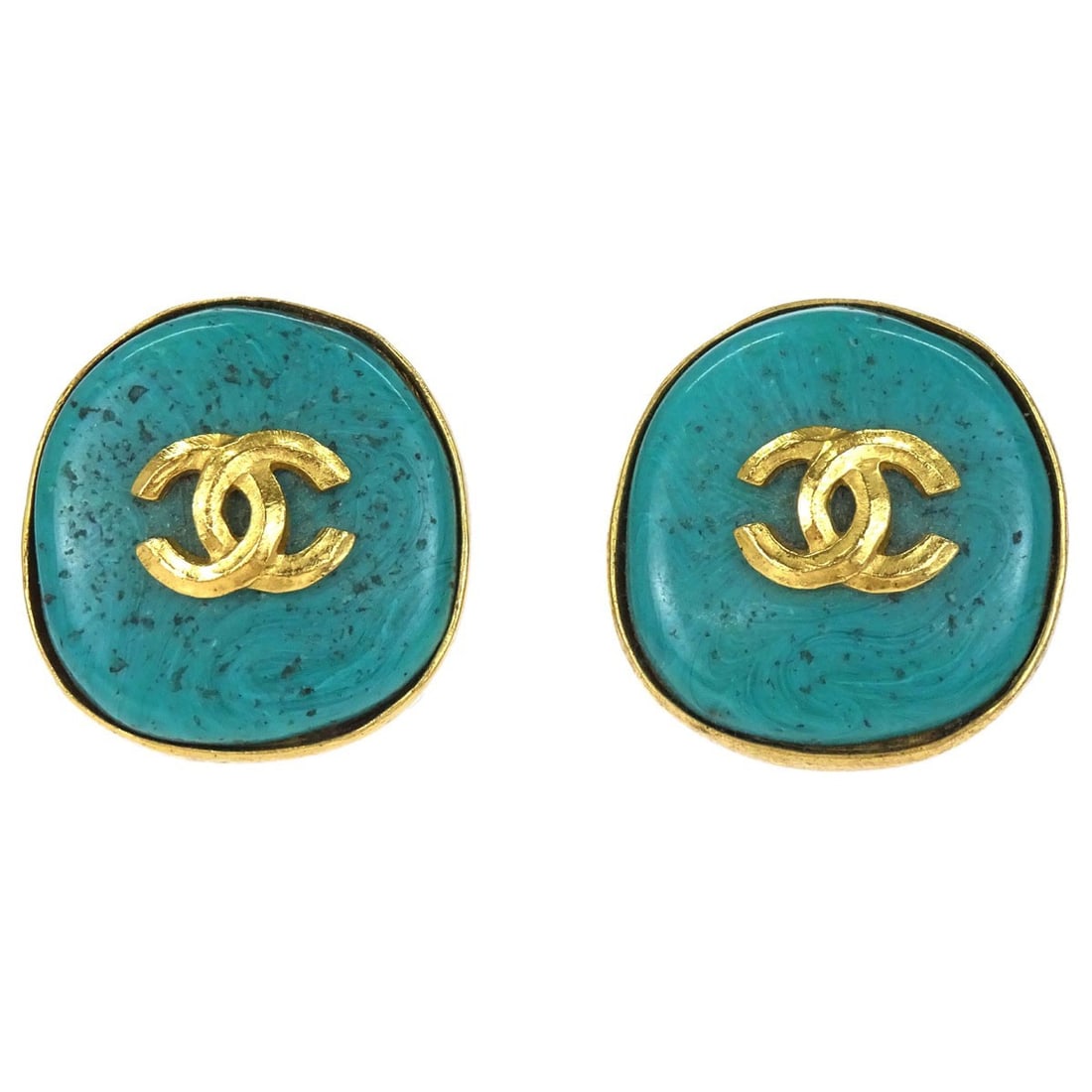 Chanel CC Logo Button Clip Earrings Gold Tone Turquoise Blue (1 of 5)