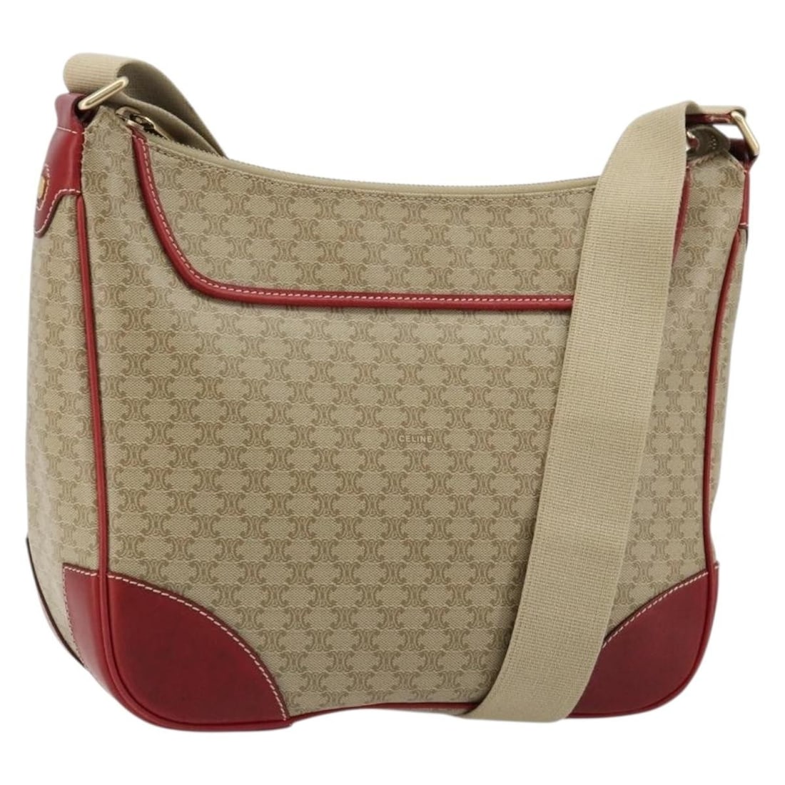 CELINE Macadam Shoulder Bag in Beige PVC Leather: CELINE Macadam Shoulder Bag in Beige PVC Leather Celine Macadam canvas shoulder bag in beige with gold-tone accents, crafted with PVC leather and made in Italy. This women's shoulder bag includes an a