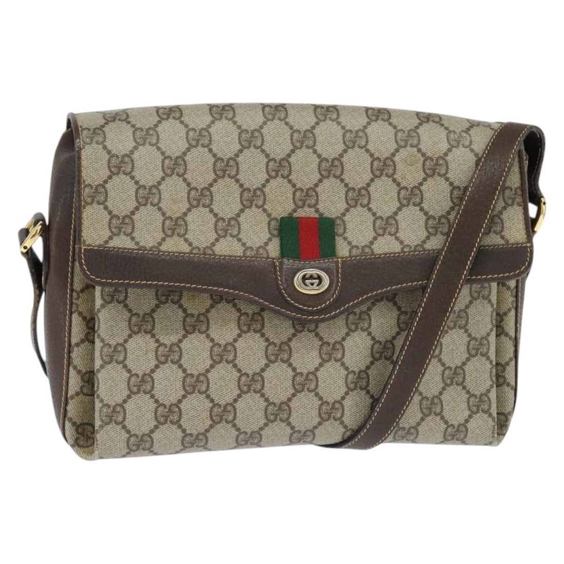 GUCCI GG Supreme Sherry Line Beige Gold PVC Shoulder Bag 904 02 084 Auth: GUCCI GG Supreme Sherry Line Beige Gold PVC Shoulder Bag 904 02 084 Auth This authentic GUCCI GG Supreme Web Sherry Line Shoulder Bag is a stylish accessory crafted in Italy from durable PVC leather a