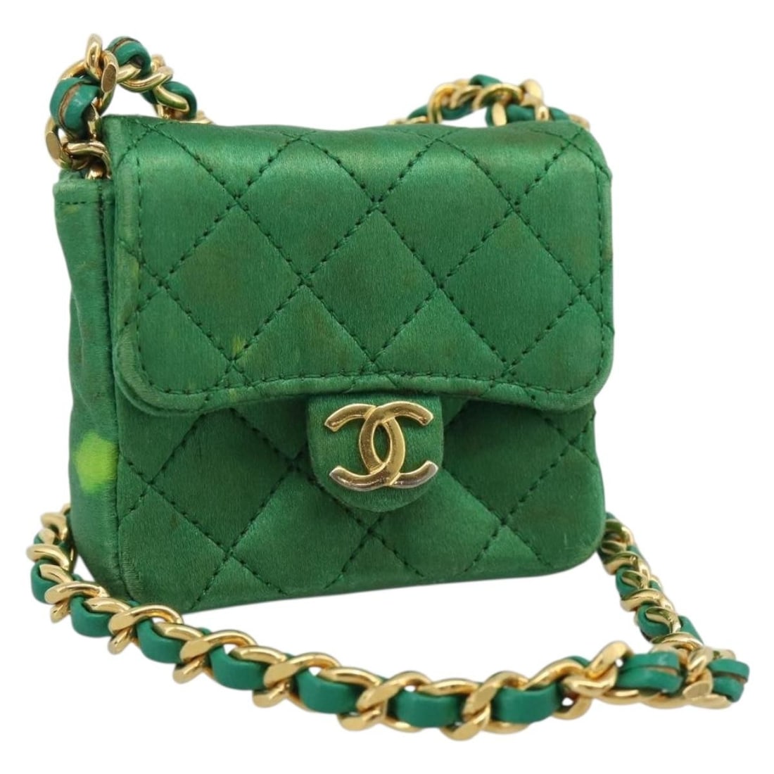 CHANEL Mini Matelasse Satin Shoulder Bag Green Gold CC Pouch: CHANEL Mini Matelasse Satin Shoulder Bag Green Gold CC Pouch Compact CHANEL mini Matelasse chain pouch shoulder bag in green satin with gold-tone CC detailing. This women's shoulder bag includes the d