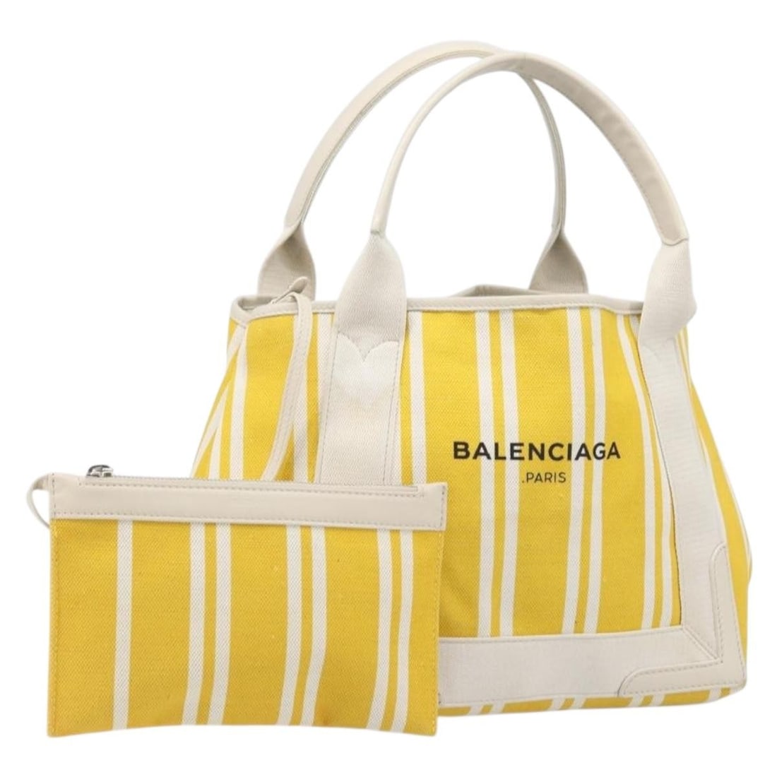 Balenciaga Navy Cabas S Canvas Handbag Yellow Silver with Pouch: Balenciaga Navy Cabas S Canvas Handbag Yellow Silver with Pouch Balenciaga Navy Cabas S handbag in yellow and silver canvas with an included pouch. Made in Italy, this women's handbag is in heavily us