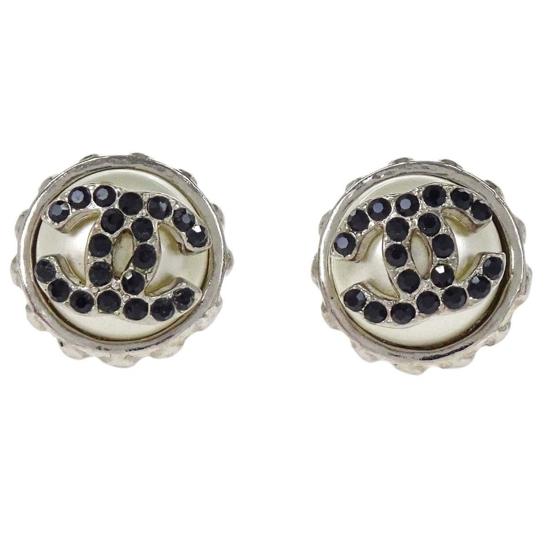 CHANEL CC Logo Rhinestone Silver Plated Pierced Earrings: CHANEL CC Logo Rhinestone Silver Plated Pierced Earrings Chanel CC pierced button earrings in silver tone with rhinestone detailing. Made in France, these earrings feature a screw back pierced closure